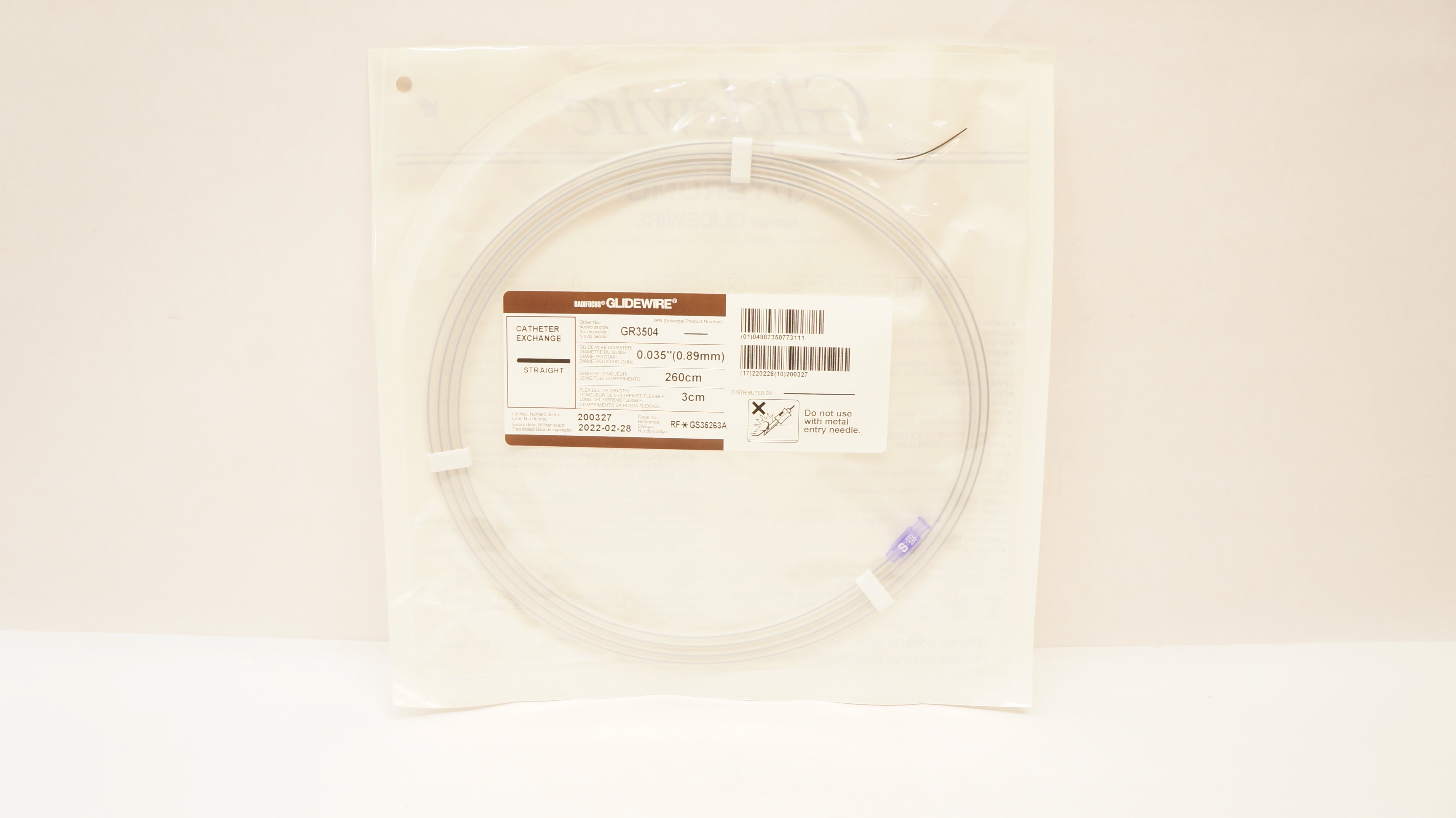 Terumo GR35263A Glidewire Cath. Exchange Angled J, 0.035inch x 260cm x 3cm (x)