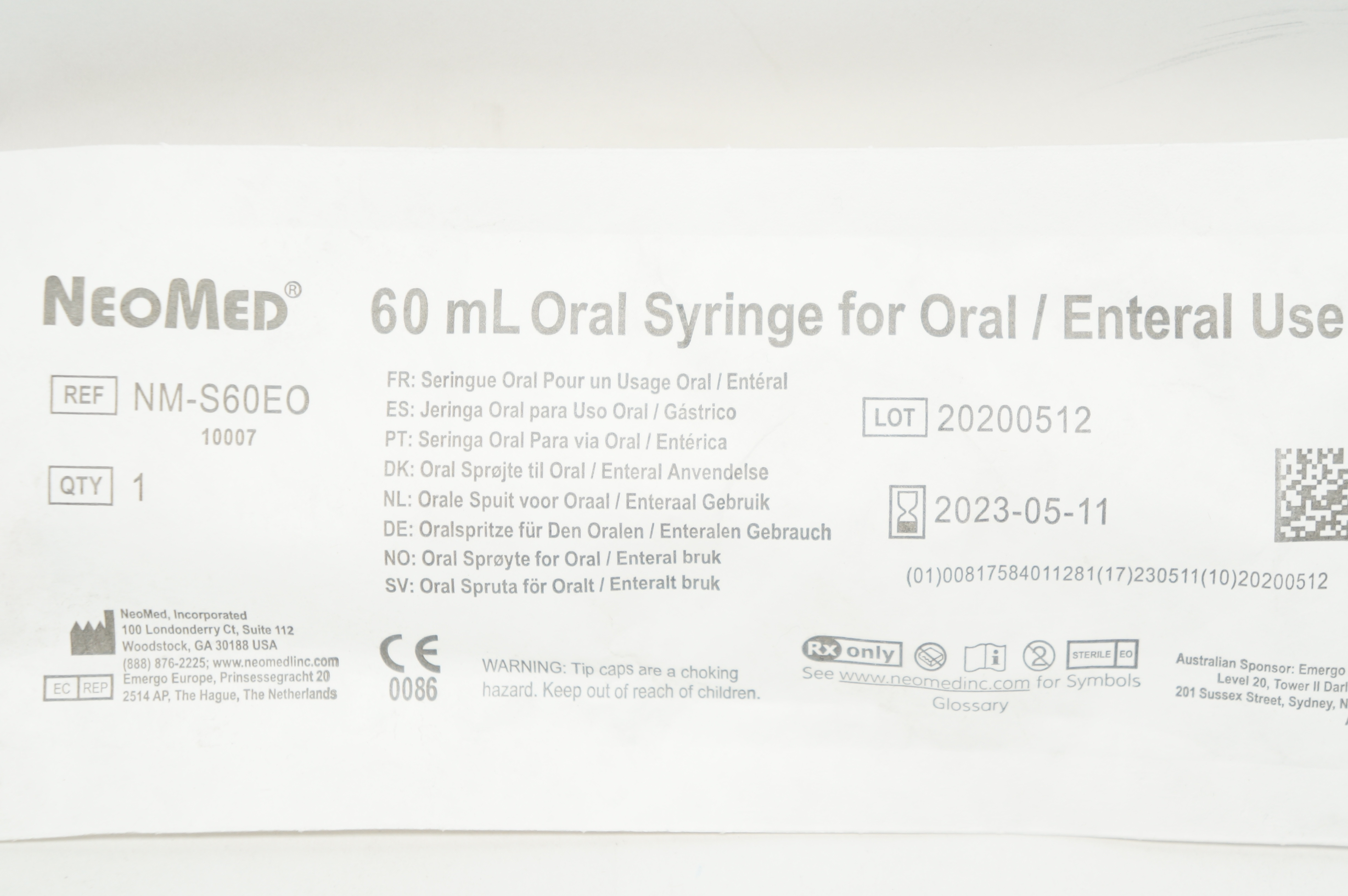 NeoMed NM-S60EO Oral Syringe For Oral/Enteral Use 60mL