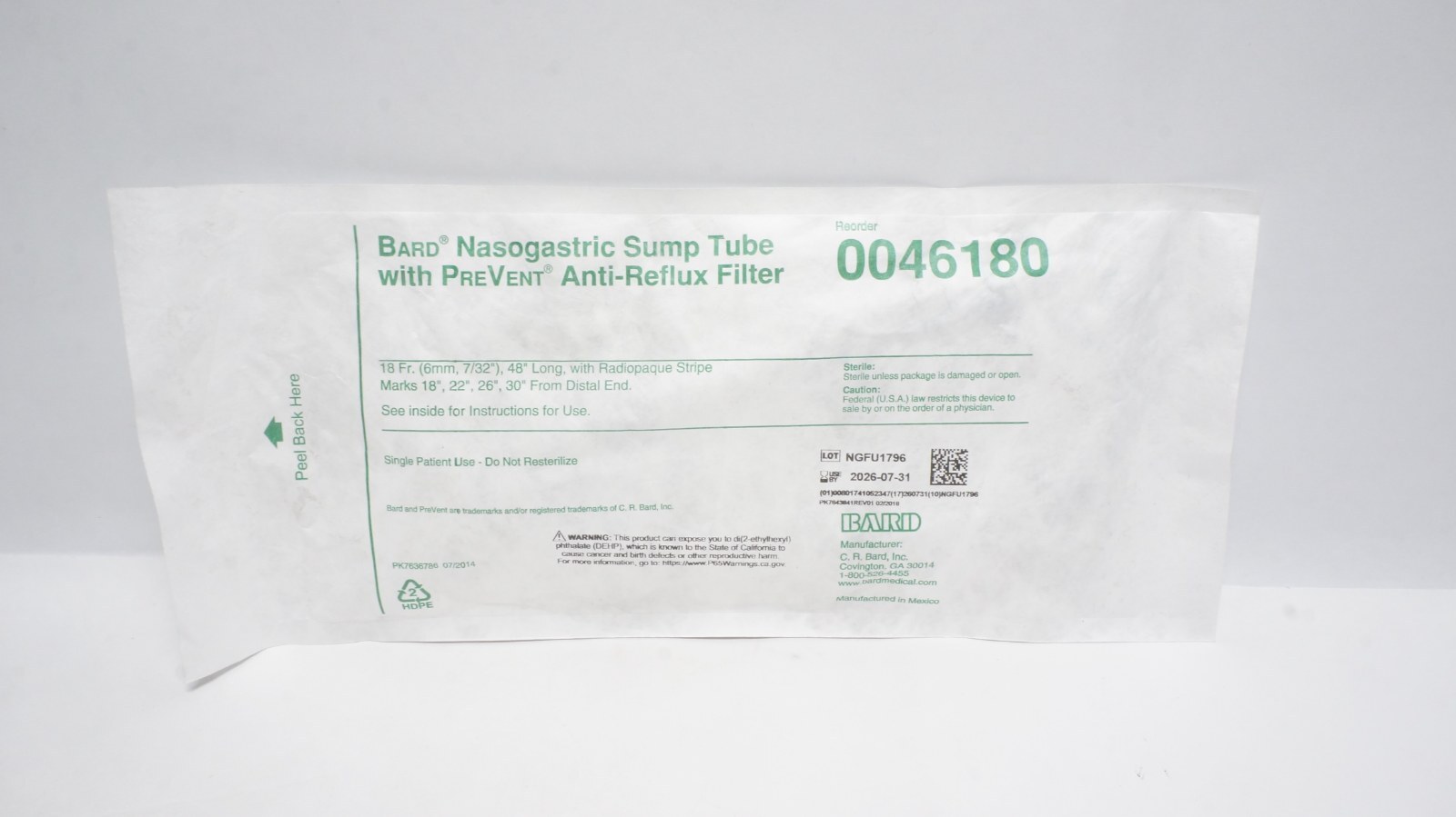 Bard 0046180 Nasogastric Sump Tube 18 Fr. 48" with Anti-Reflux Filter