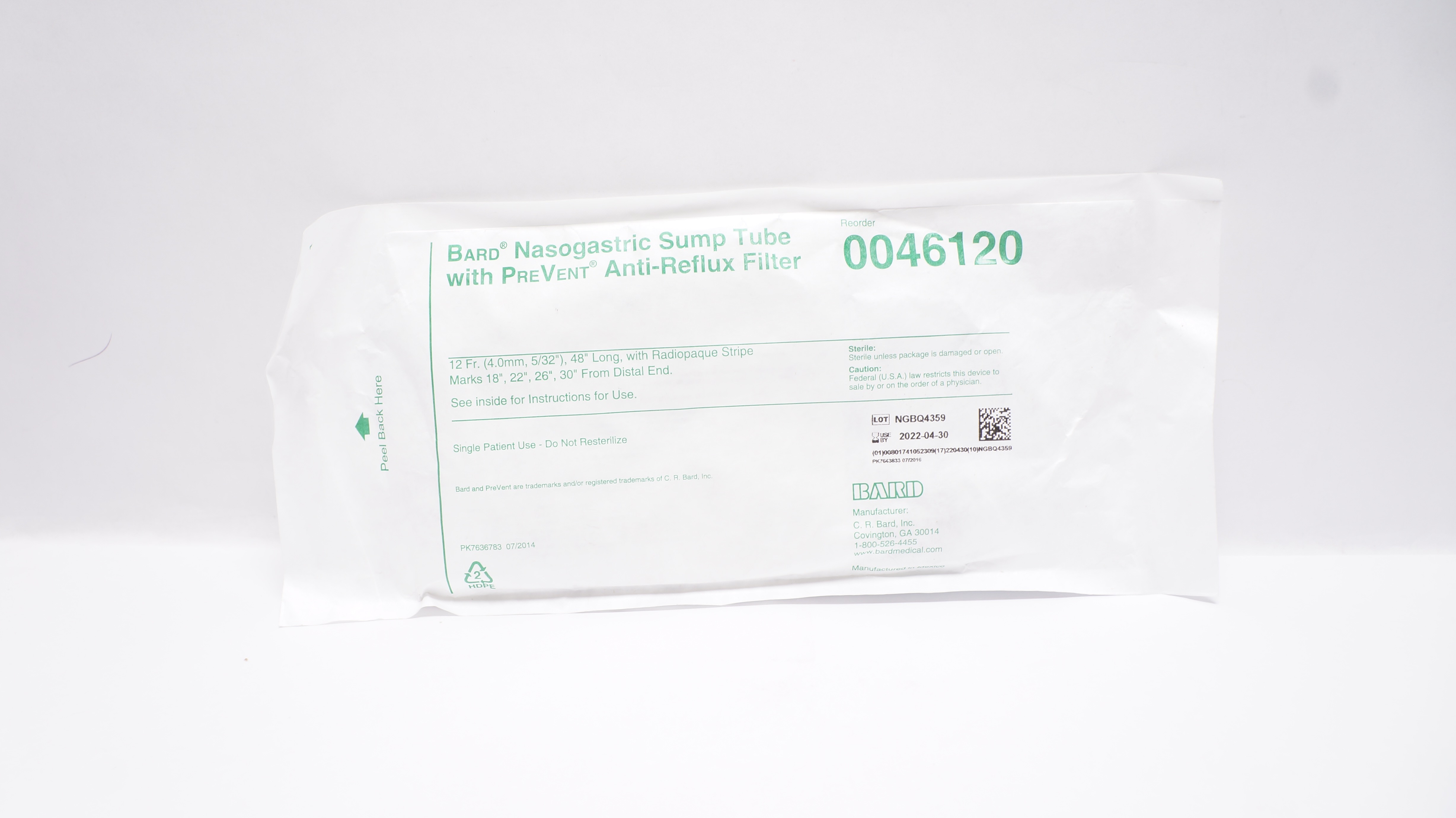Bard 0046120 Nasogastric Sump Tube w/PreVent Anti-Reflux Filter 12Frx48inch (x)