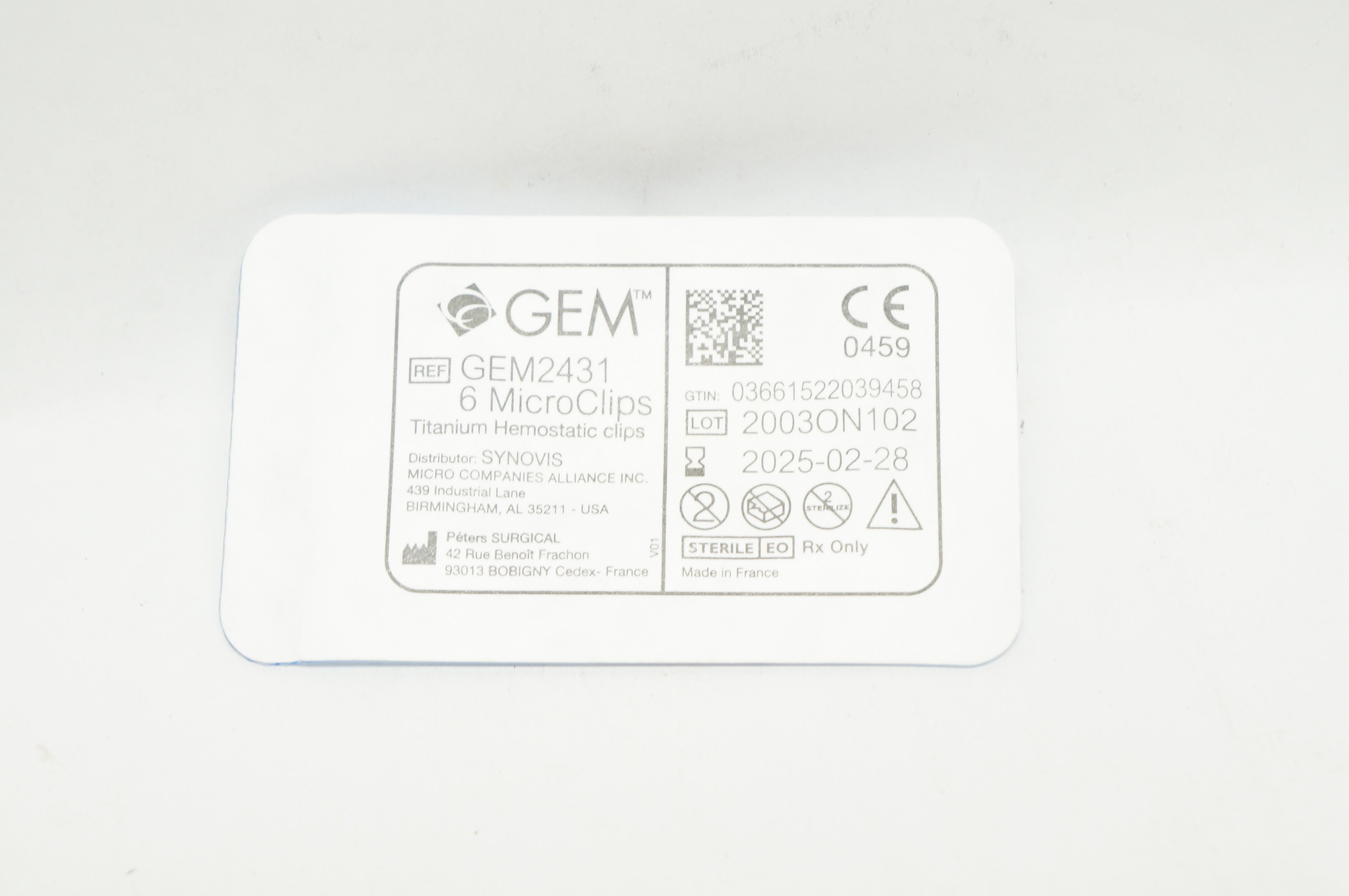 Synovis GEM2431 6 MicroClips Titanium Hemostatic Clips