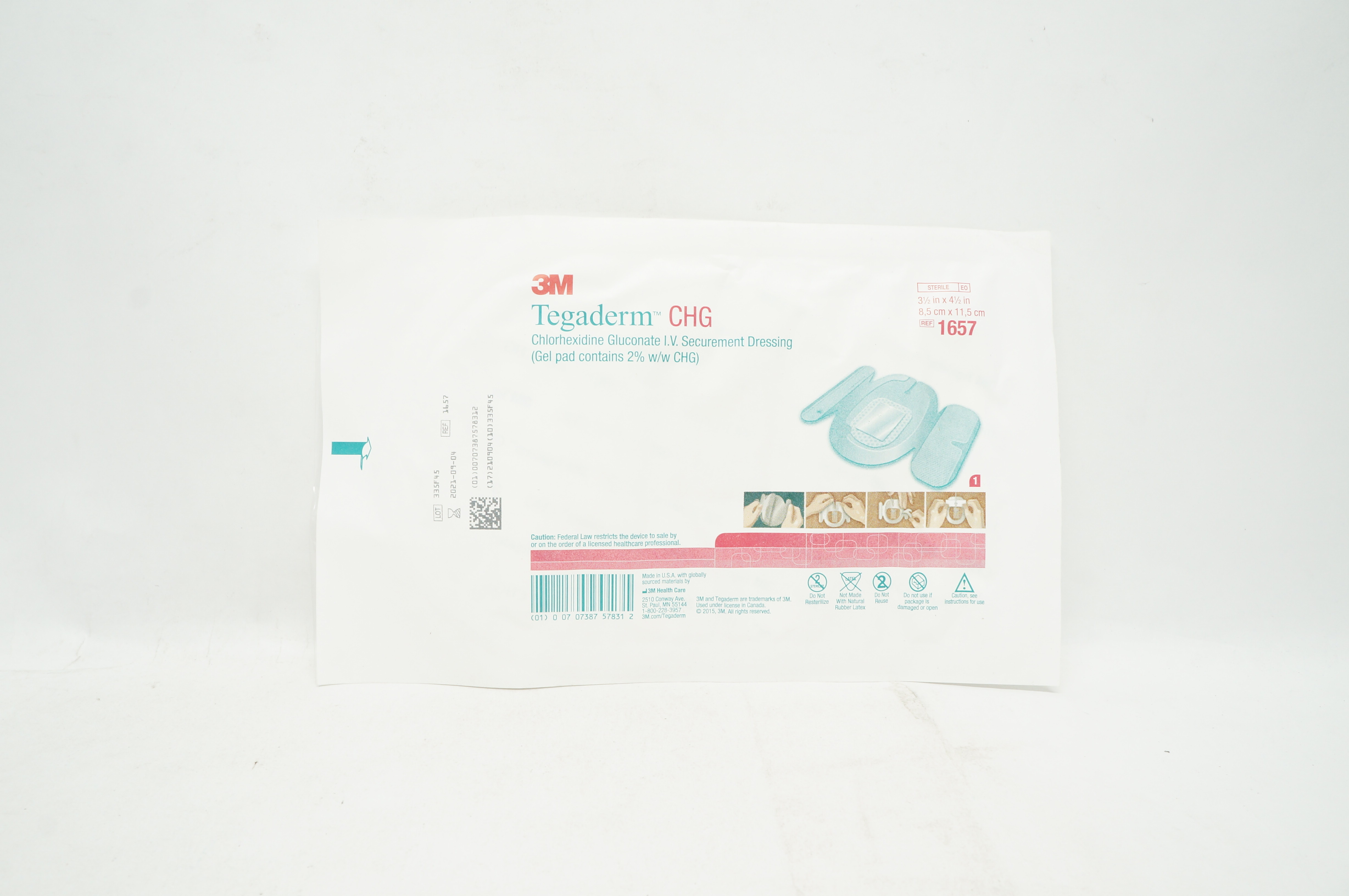 3M 1657 CHG Chlorhexidine Gluconate I.V. Securement Dressing 3-1/2.x 4-1/2in.(x)