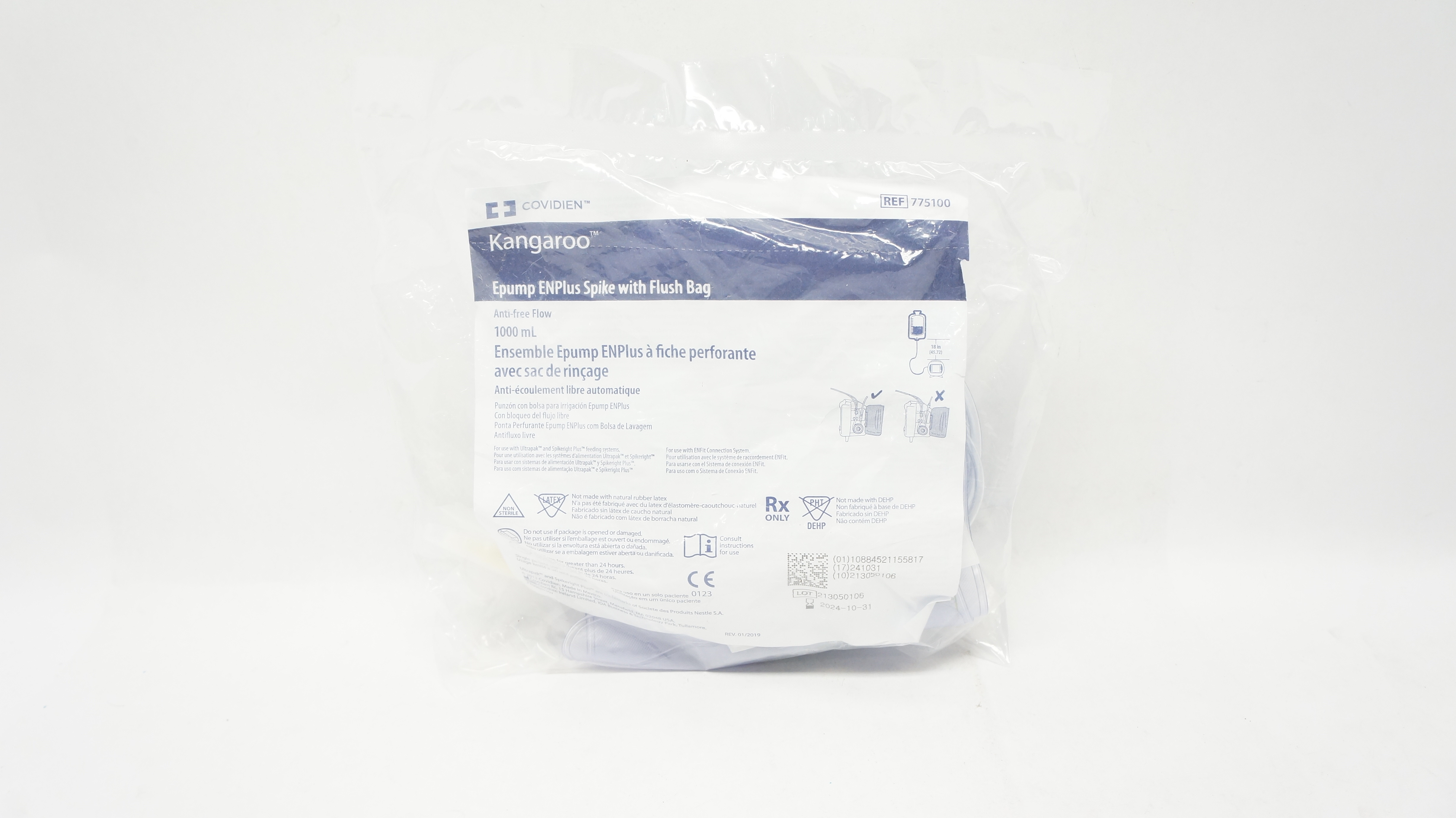 Covidien 775100 Kangaroo Epump ENPlus Spike with Flush Bag Anti-free Flow 1000mL