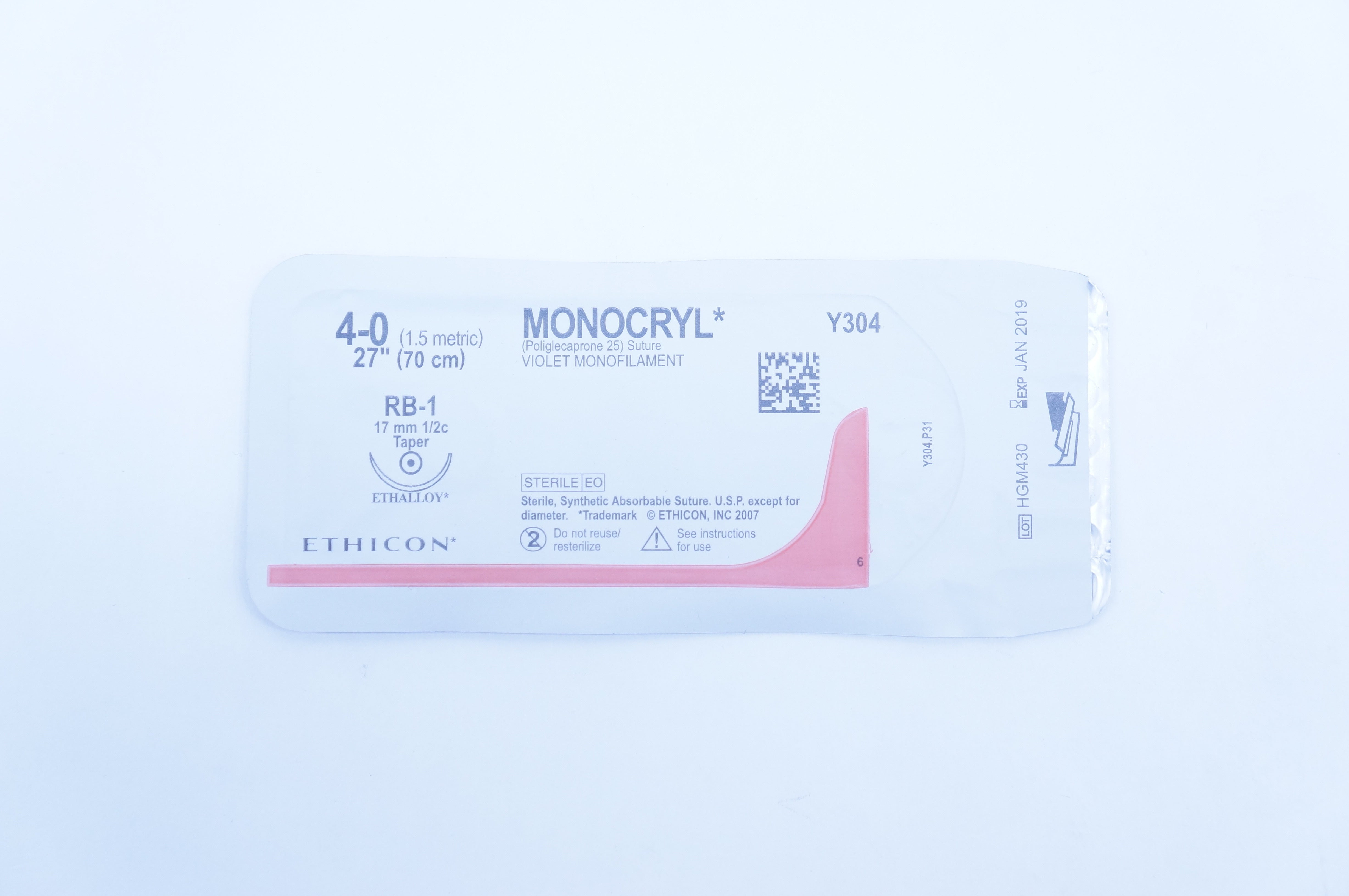 Ethicon Y304 4-0 Monocryl Suture RB-1 17mm 1/2c Taper Ethalloy 27 inch (x)