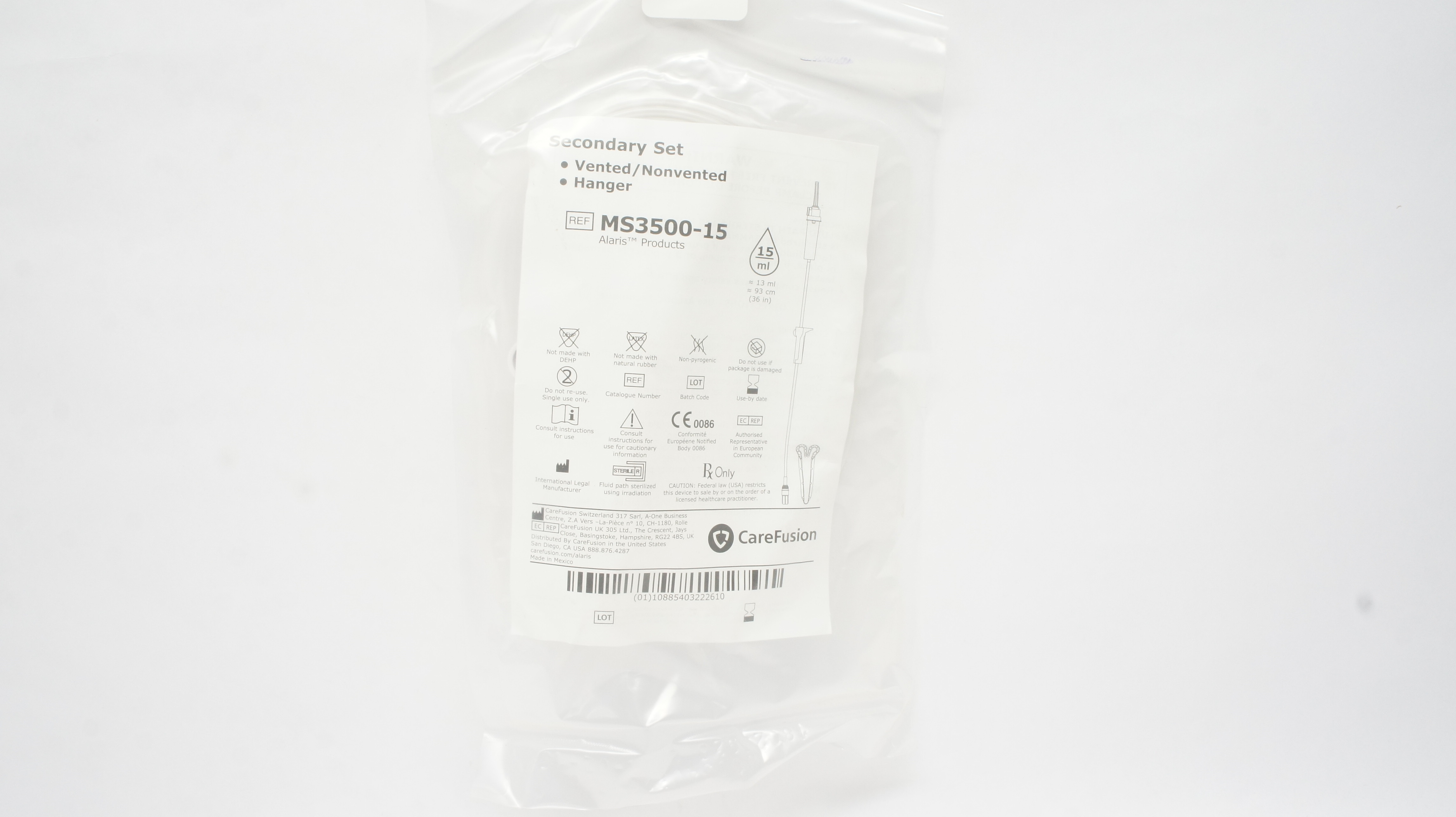 CareFusion MS3500-15 Secondary Set Vented/Nonvented Hanger 15ml (x)