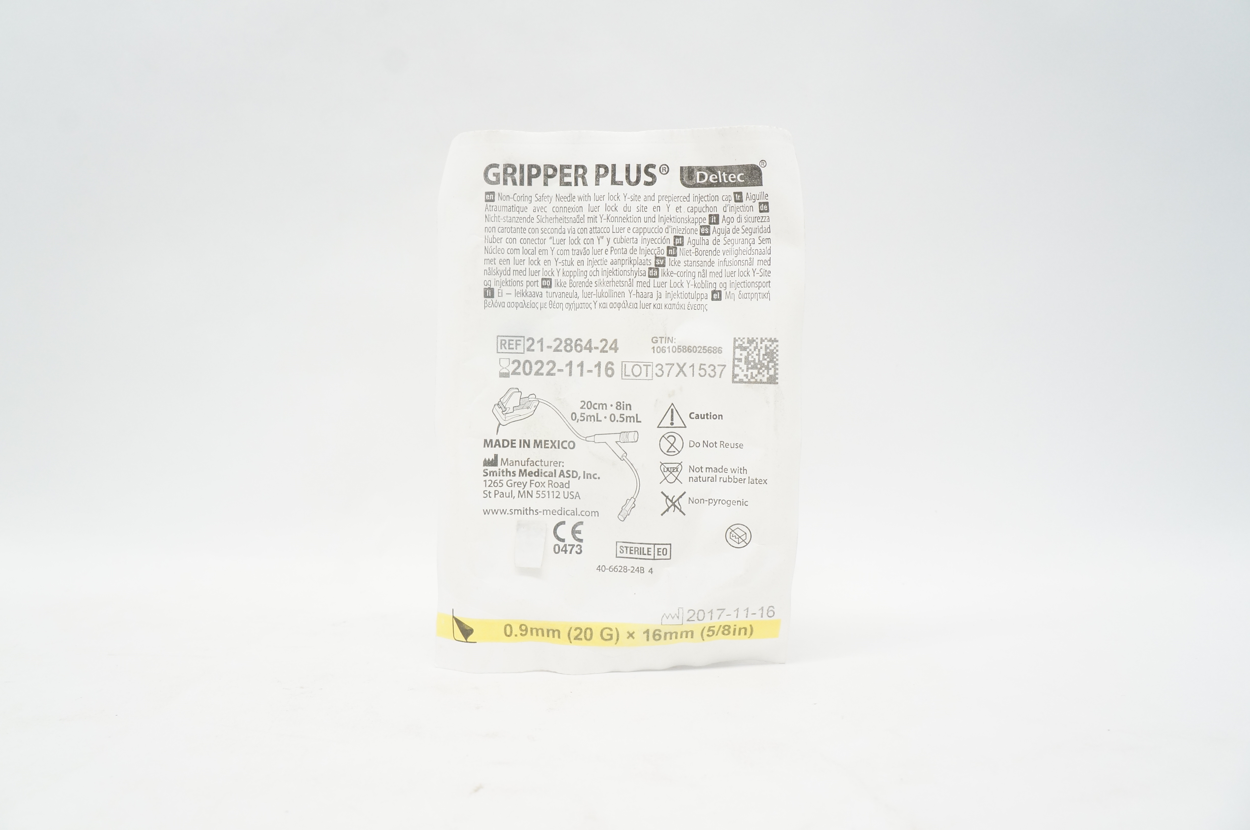 Smith Medical 21-2864-24 Gripper Deltec Plus Non-Coring Ndle 8inch x 0.5mL