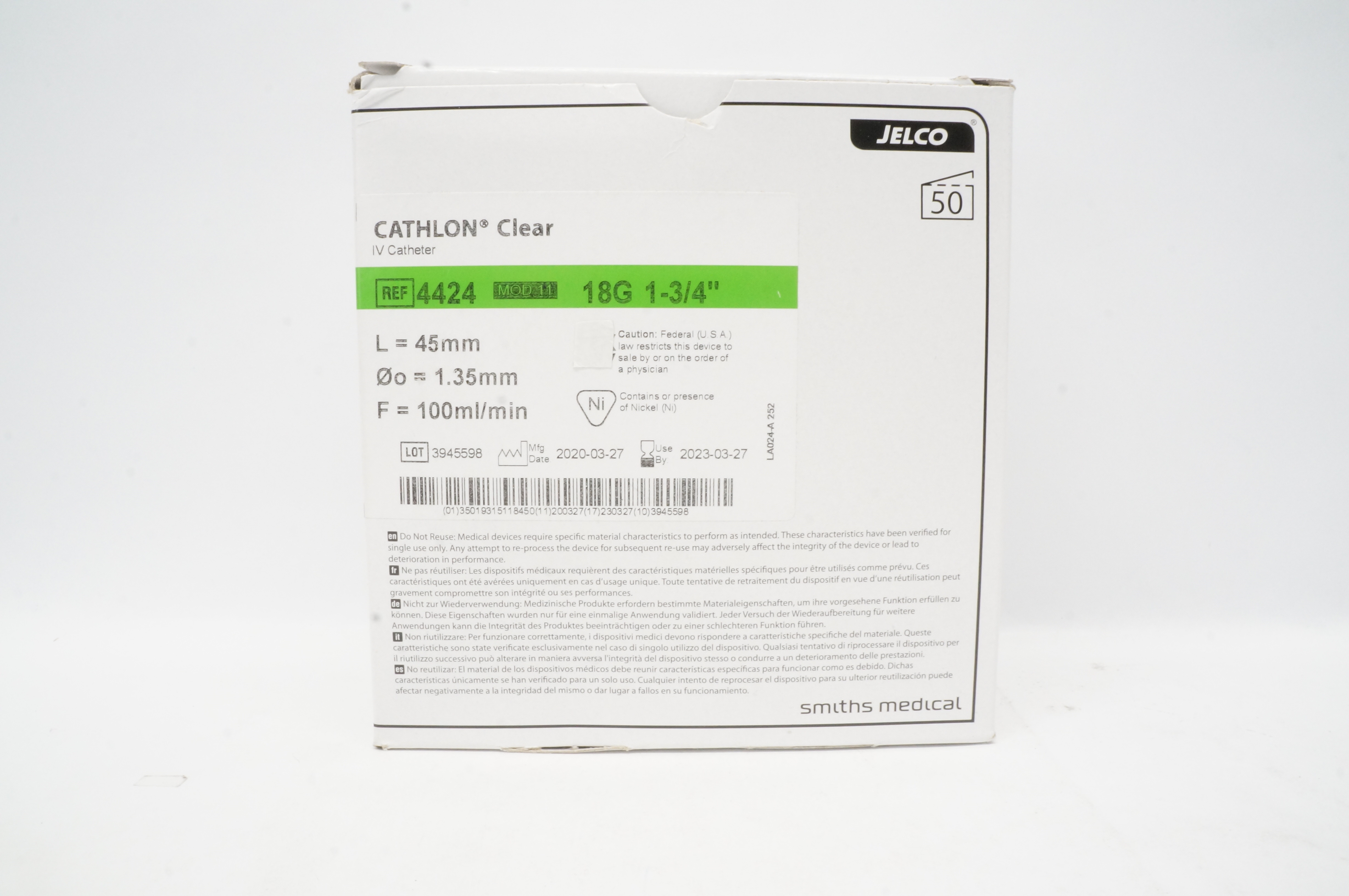 Smiths Medical 4424 Cathlon Clear I.V. Cath.18G x 1-3/4in.,100ml/min - Box of 50