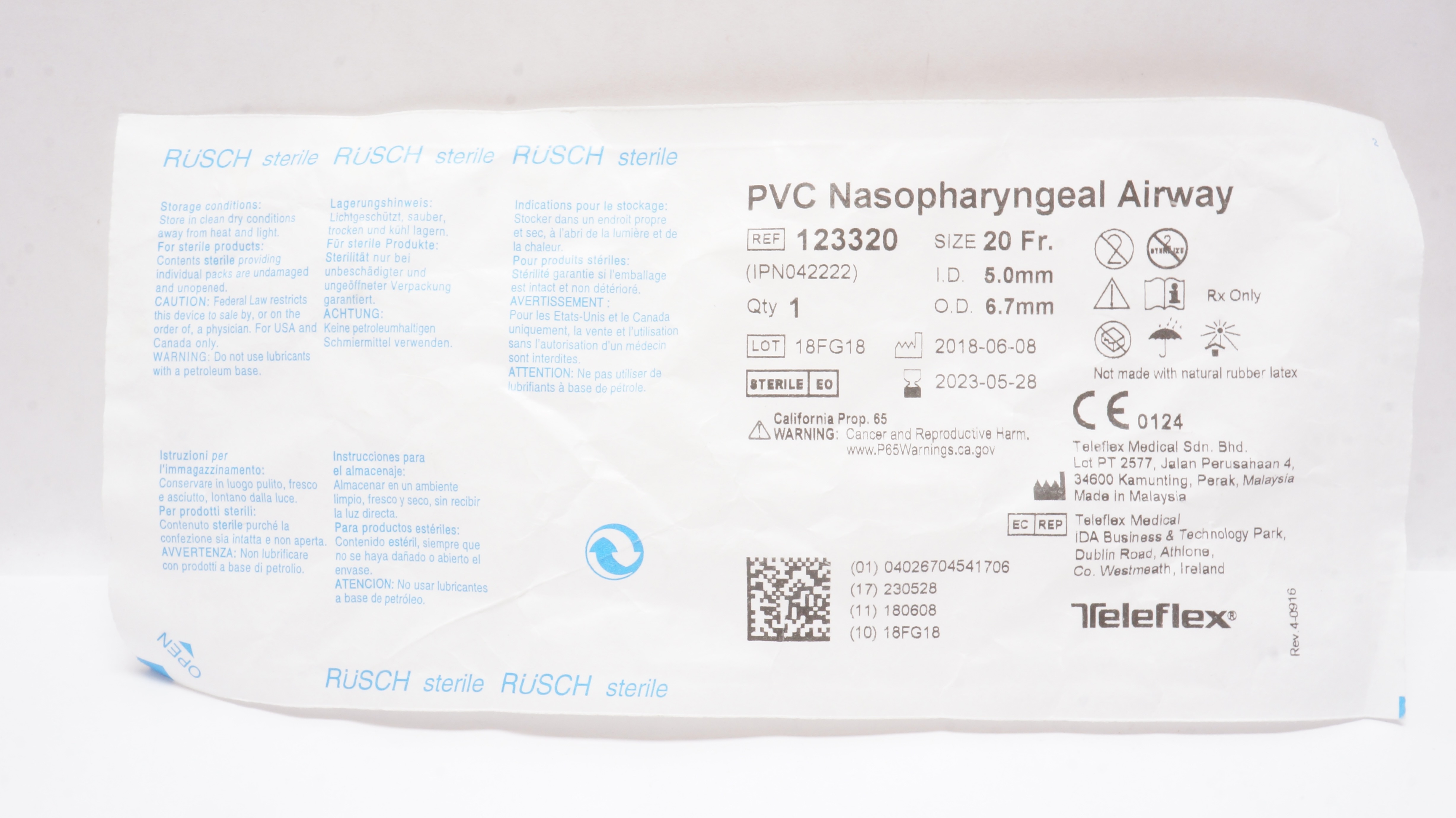 Teleflex 123320 Rusch PVC Nasopharyngeal Airway 20Fr x 5.0mm ID x 6.7mm OD (x)