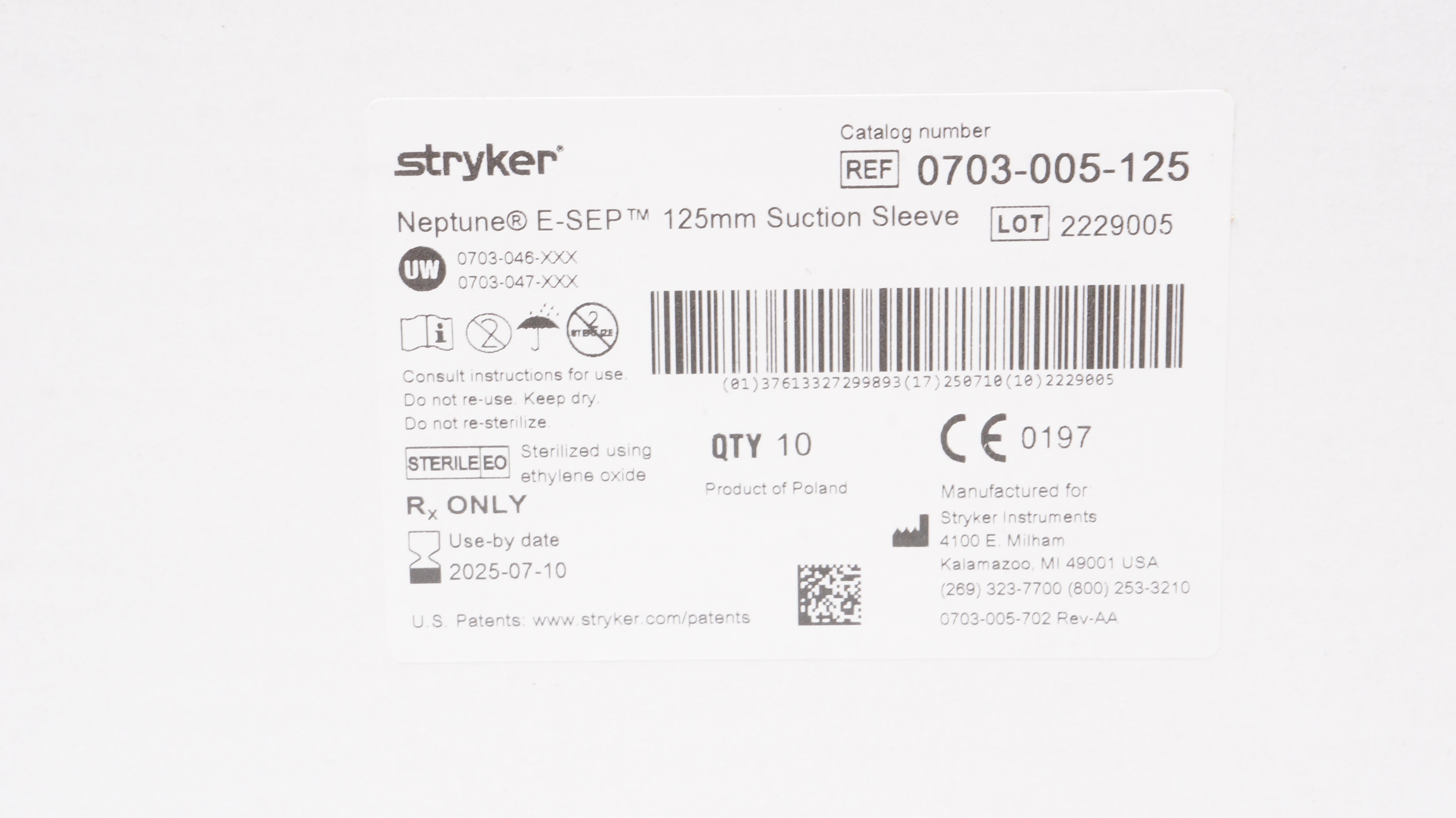 Stryker 0703-005-125 Neptune E-Sep Suction Sleeve 125mm - Box of 10