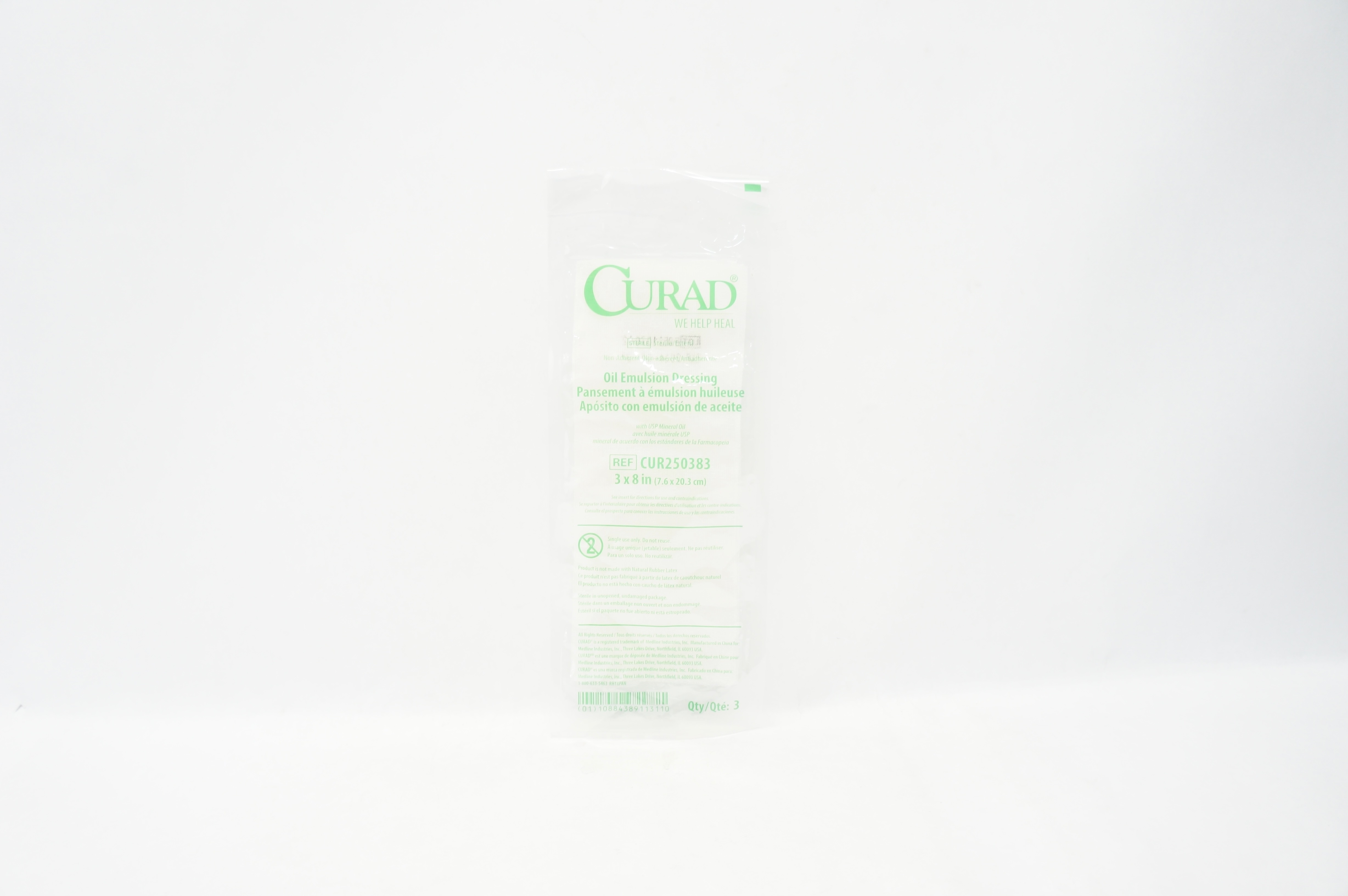 Medline CUR250383 Curad Non-Adherent Oil Emulsion Dressing 3 x 8inch - Pack of 3