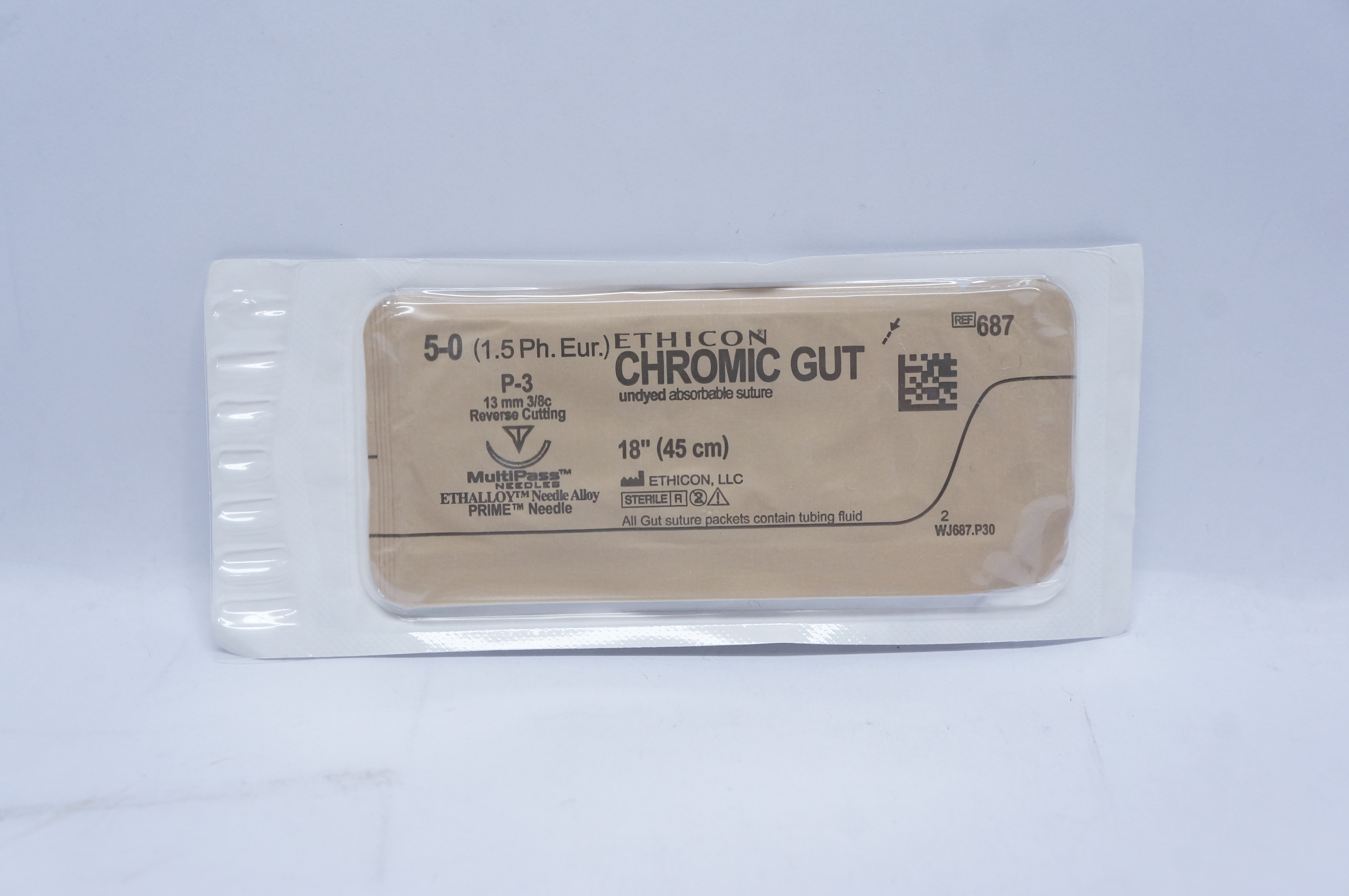 Ethicon 687 5-0 CHROMIC GUT, P-3, 13mm 3/8c Reverse Cutting, 18inch