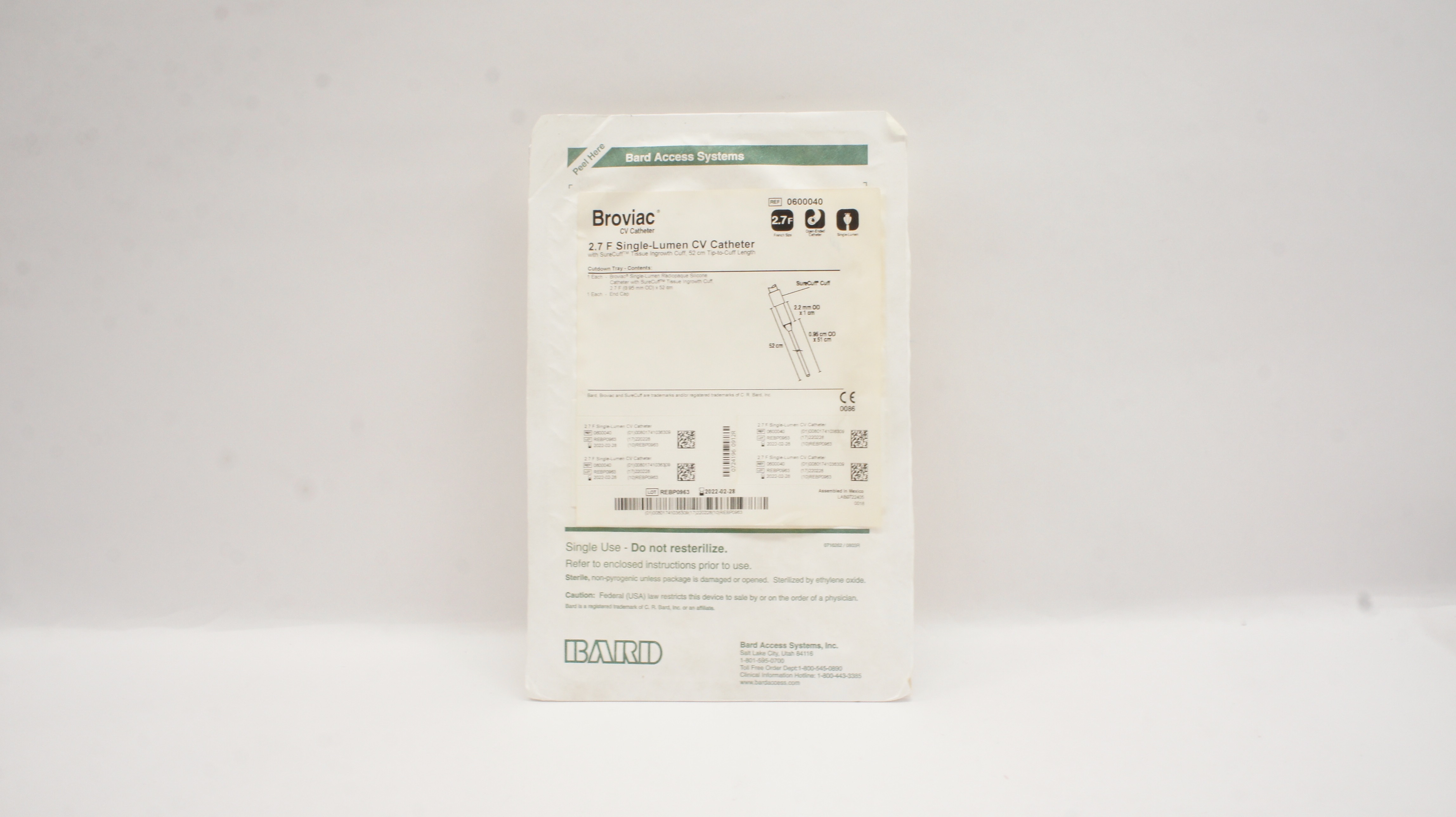 Bard 0600040 Broviac Single-Lumen CV Cath. 2.7F (x)