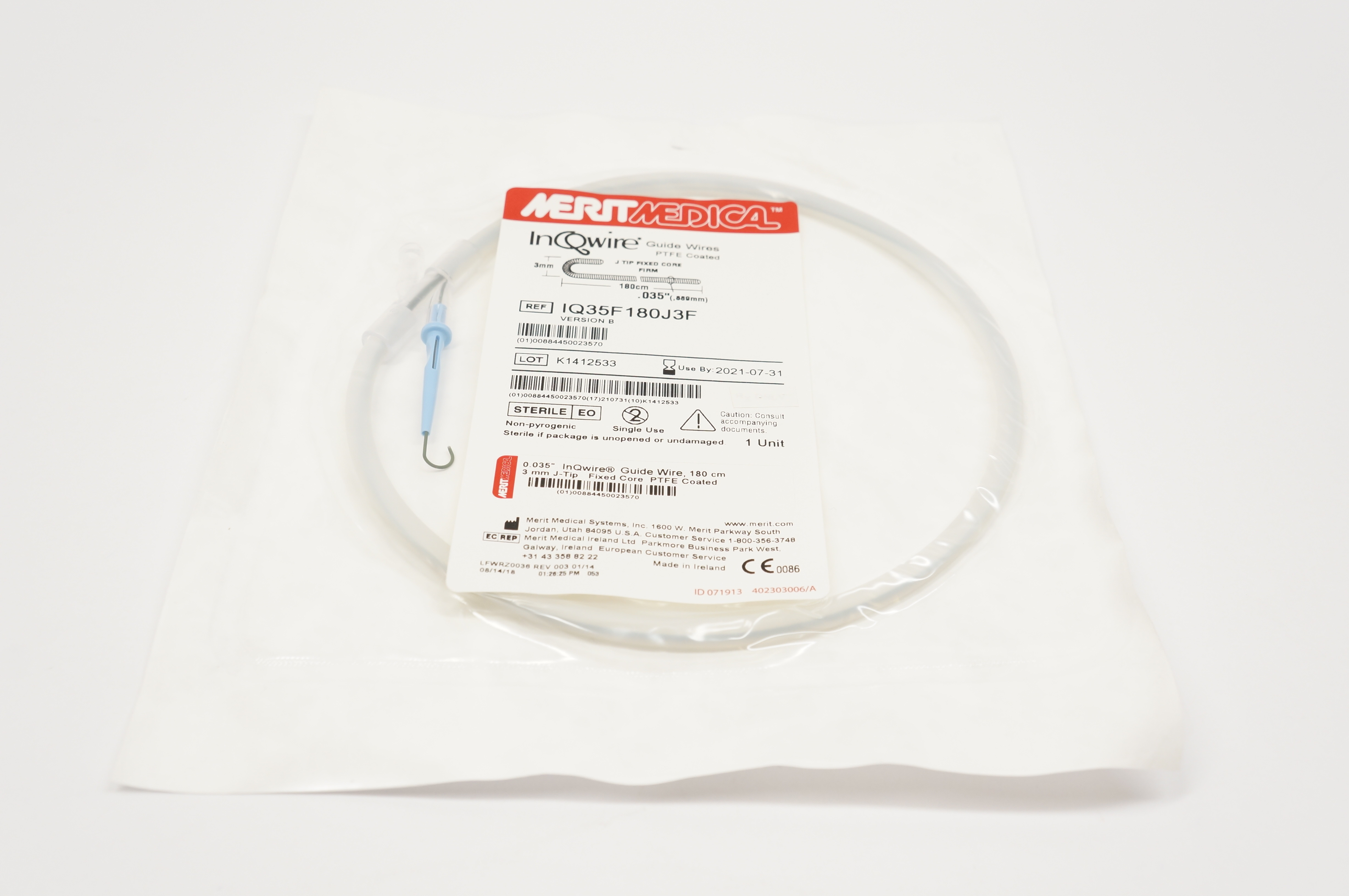 Merit Medical IQ35F180J3F InQwire Guide Wires PTFE Coated 3mm x 0.035in. x 180cm