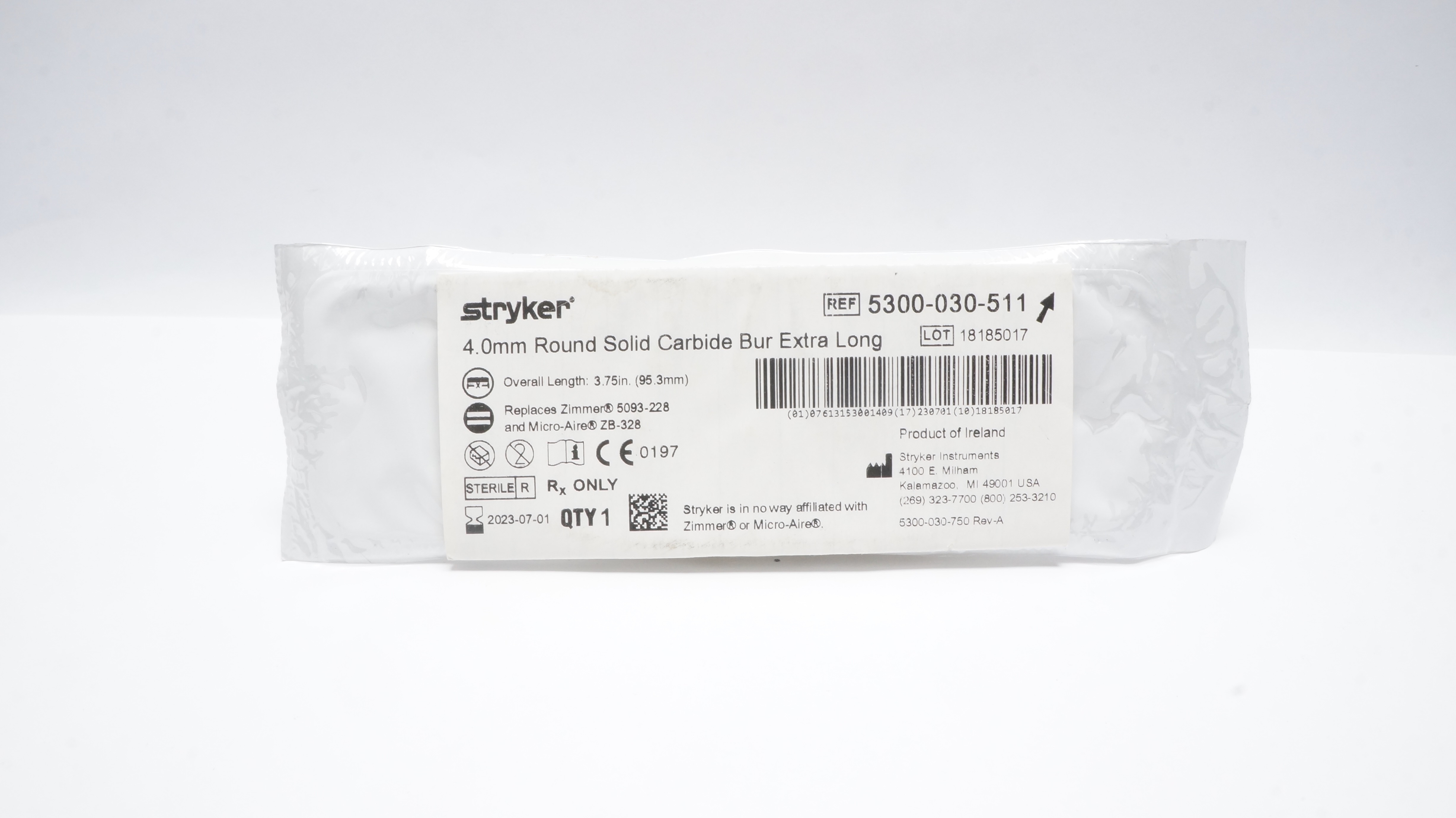 Stryker 5300-030-511 4.0mm Round Solid Carbide Bur Extra Long (x)