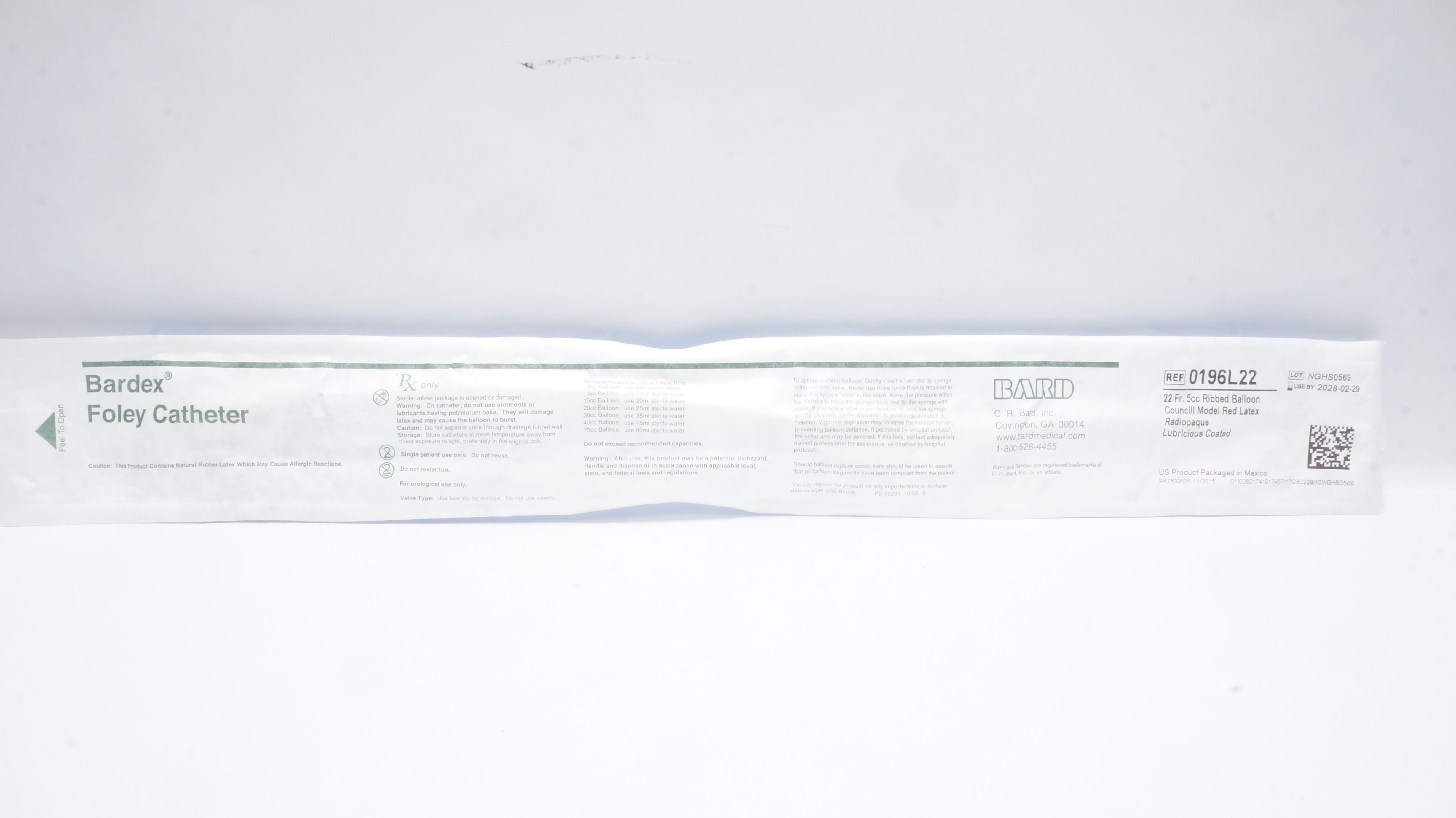 Bard 0196L22 Bardex Foley Cath. 22Fr. 5cc Ribbed Balloon