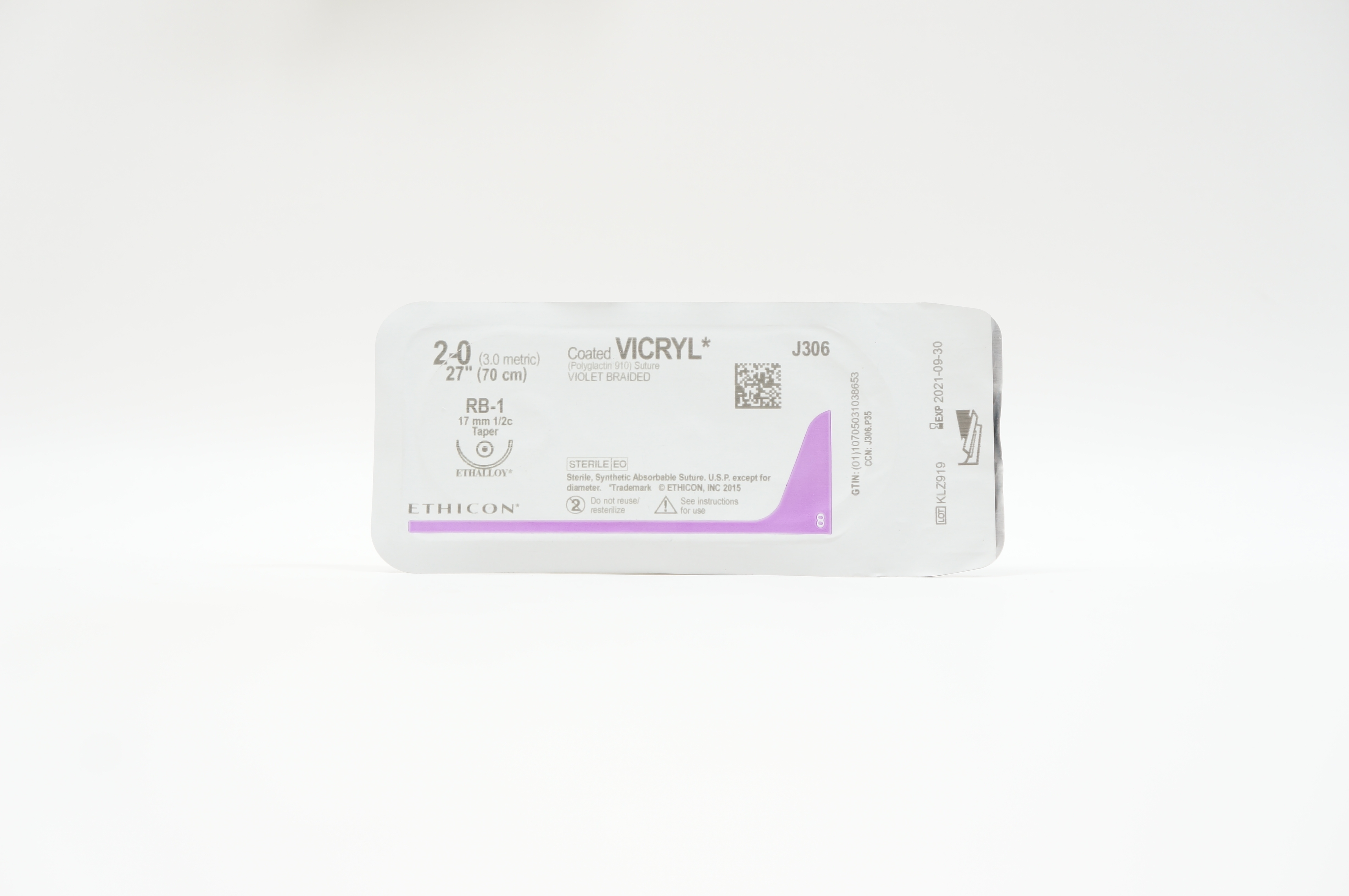 Ethicon J306 2-0 VICRYL, RB-1, 17mm 1/2c Taper, 27inch