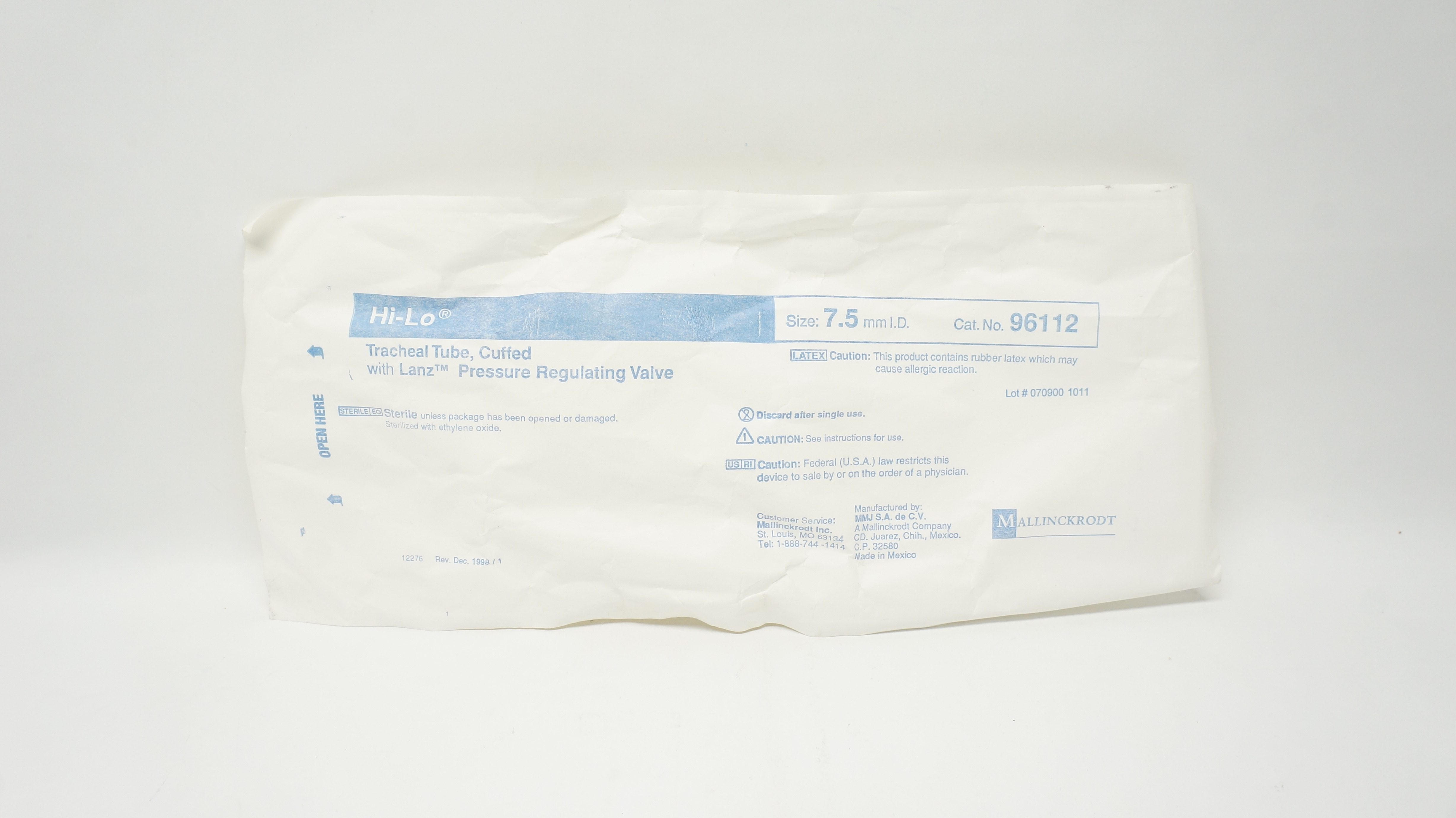 Mallinckrodt 96112 Hi-Lo Tracheal Tube, Cuffed with Lanz Pressure Valve 7.5mm ID
