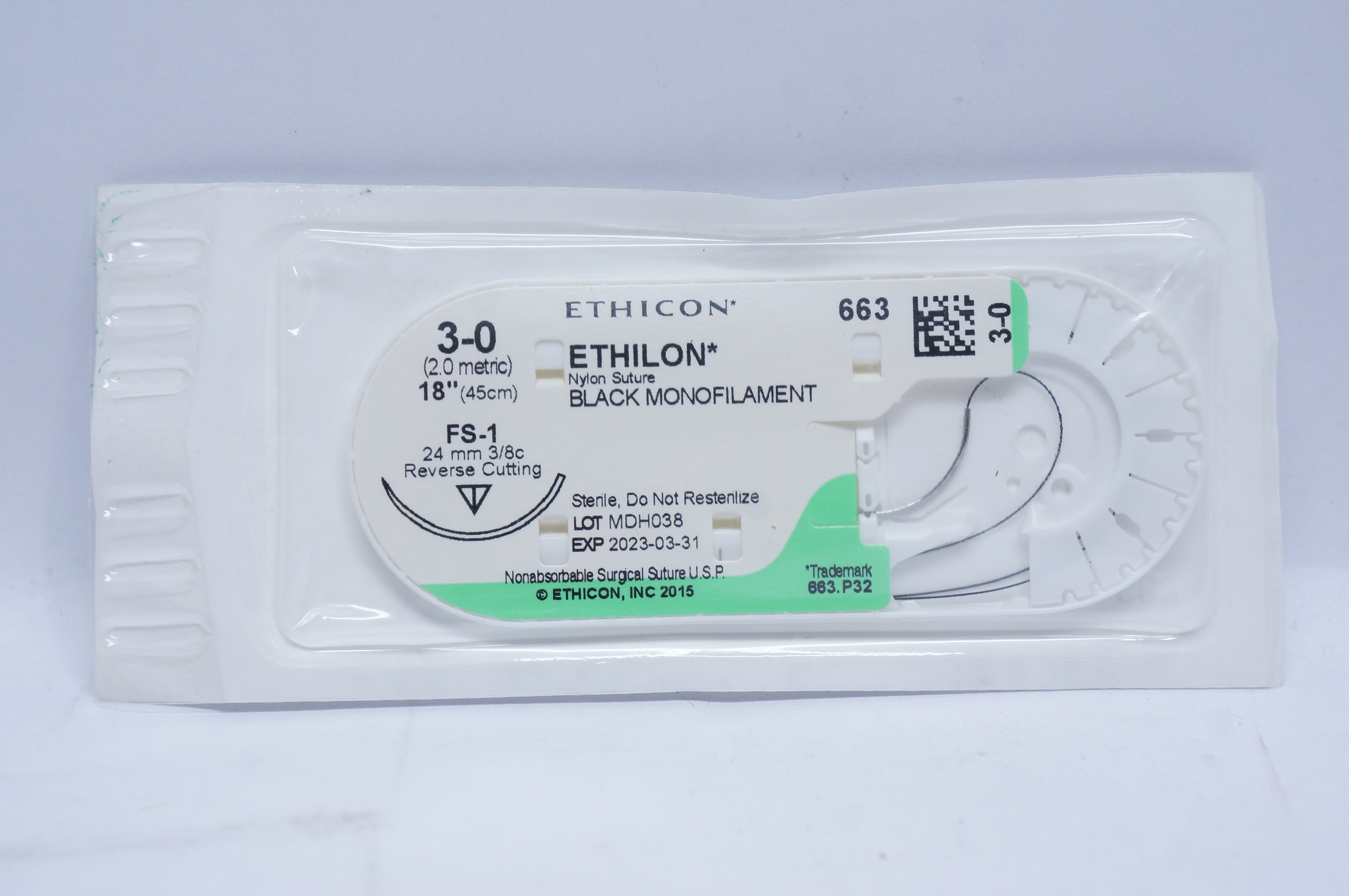 Ethicon 663 3-0 ETHILON, FS-1, 24mm 3/8c Reverse Cutting, 18inch