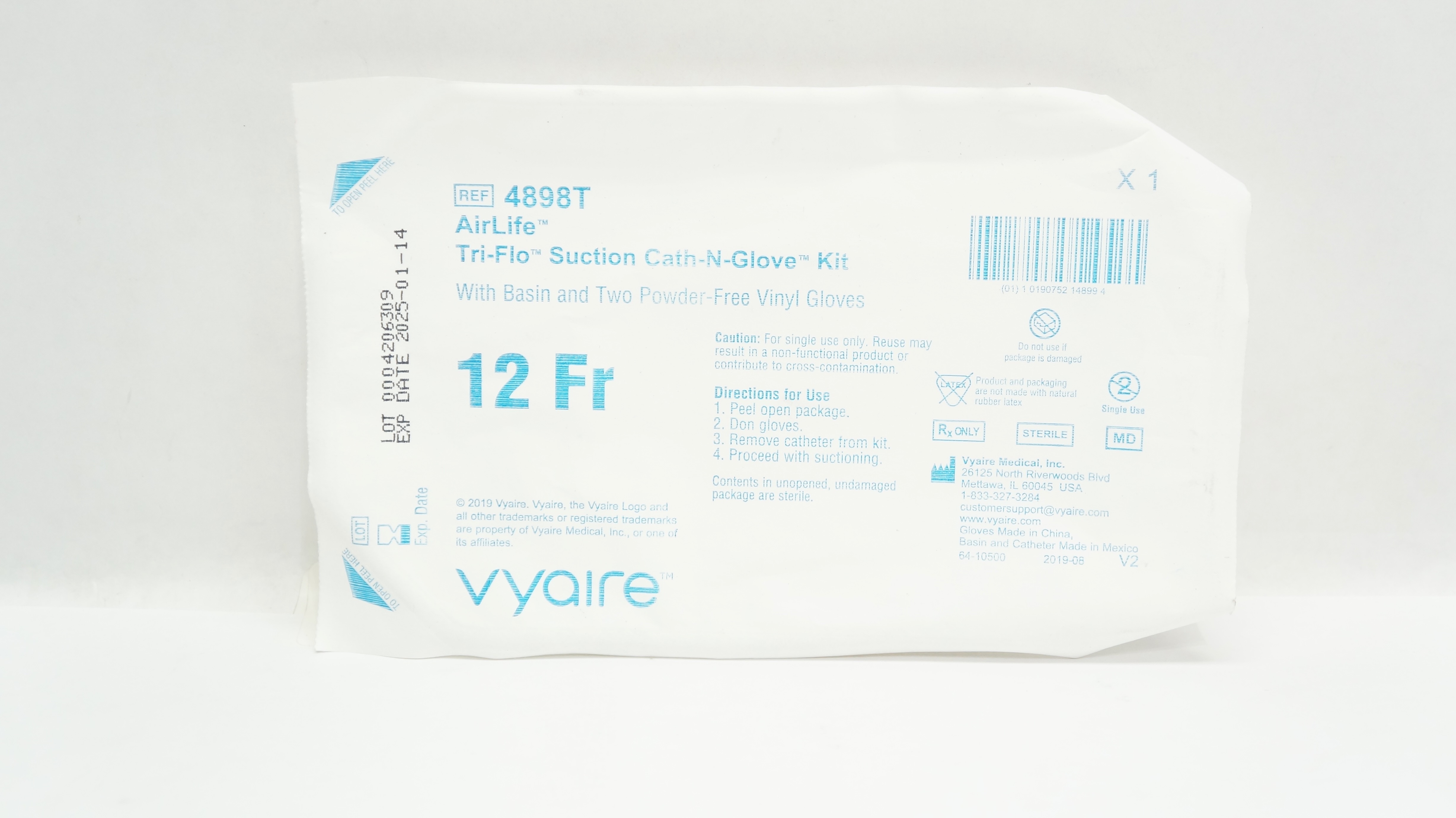 Vyaire 4898T AirLife Tri-Flo Suction Cath-N-Glove Kit with Basin & Gloves 12Fr