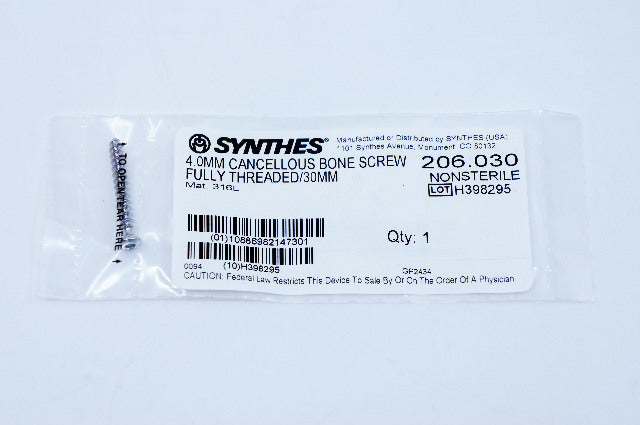 Synthes 206.030 4.0mm Cancellous Bone Screw Fully Threaded 30mm
