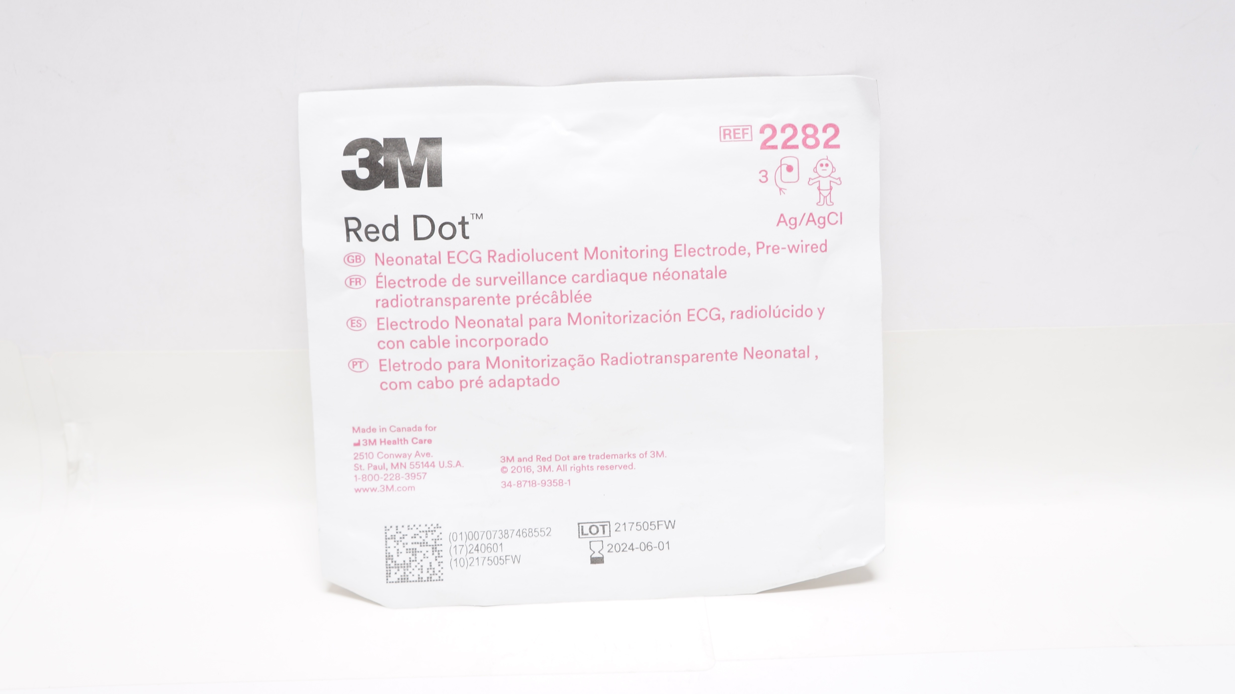 3M 2282 Red Dot Neonatal ECG Radiolucent Monitoring Electrode - Pack of 3