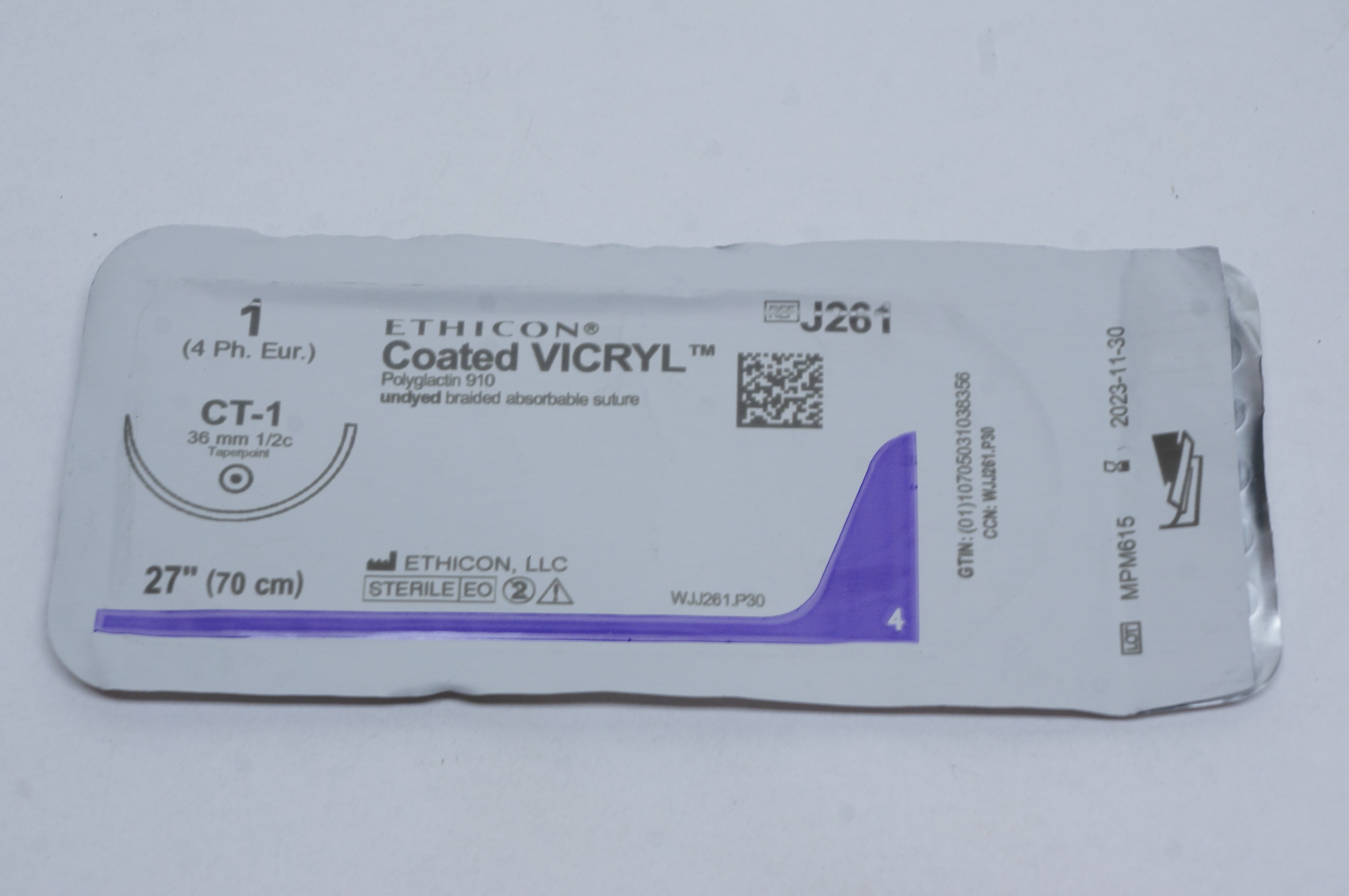 Ethicon J261 1 VICRYL, CT-1, 36mm 1/2c Taperpoint, 27inch