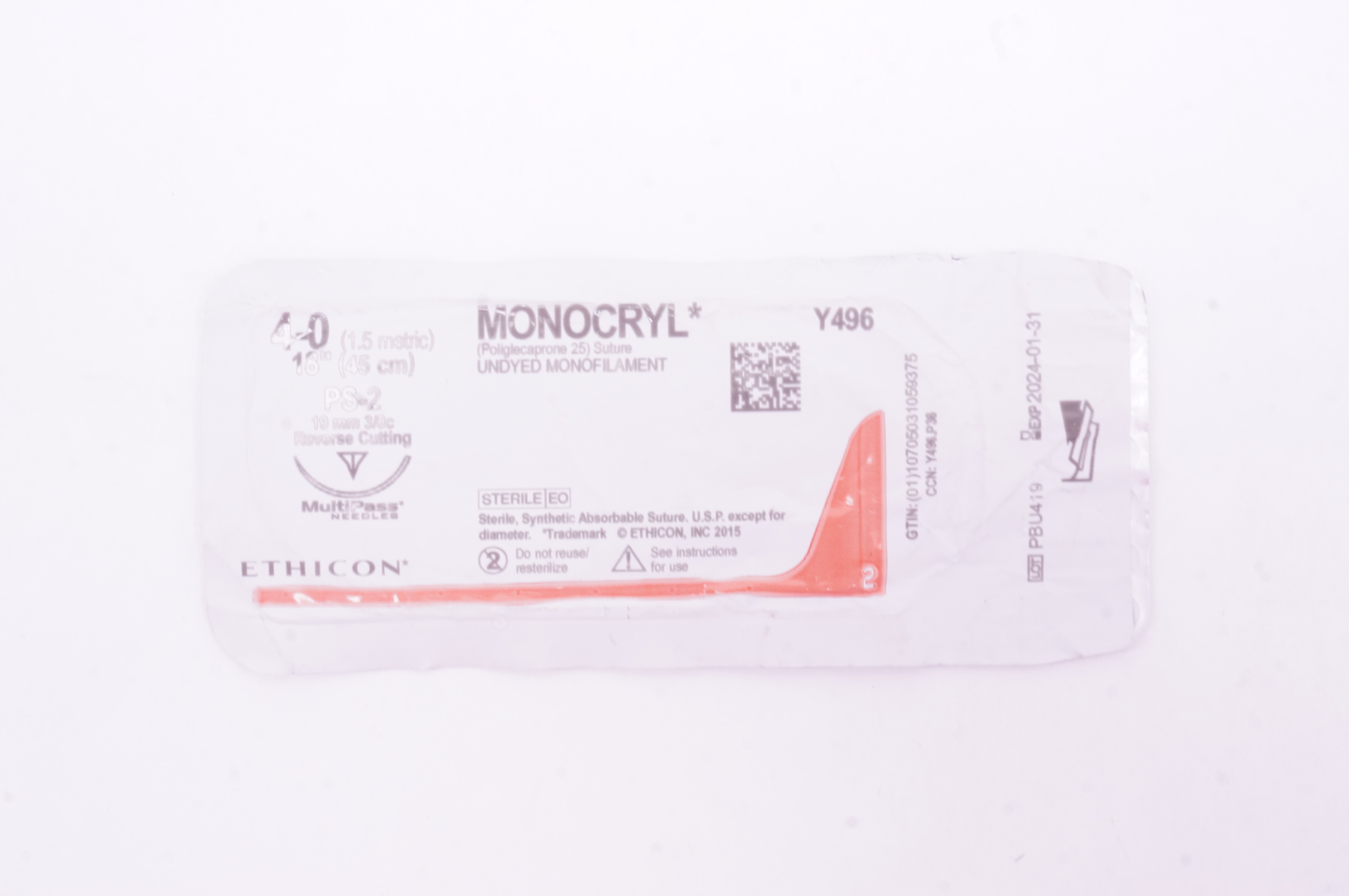 Ethicon Y496 4-0 Monocryl Synthetic Stre PS-2 19mm 3/8c Reverse Cutting, 18 inch