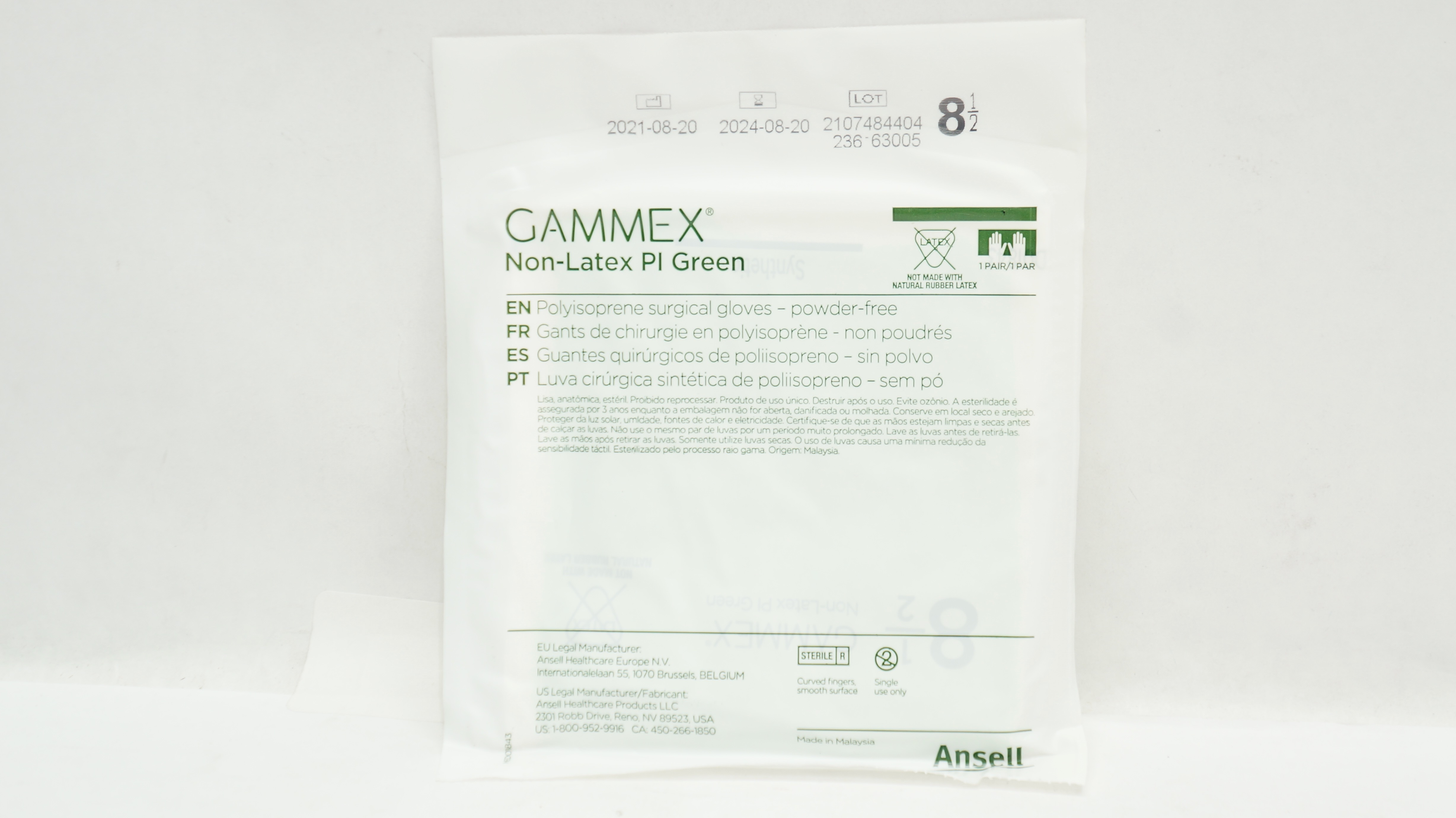 Ansell 20685285 Gammex Polyisoprene Powder-Free Surgical Gloves Green Size 8,5