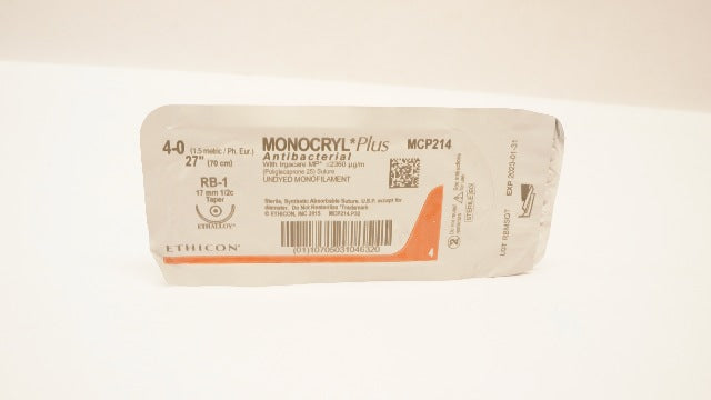 Ethicon MCP214 4-0 Monocryl Plus, RB-1, 17mm 1/2c Taper, 27inch (x)