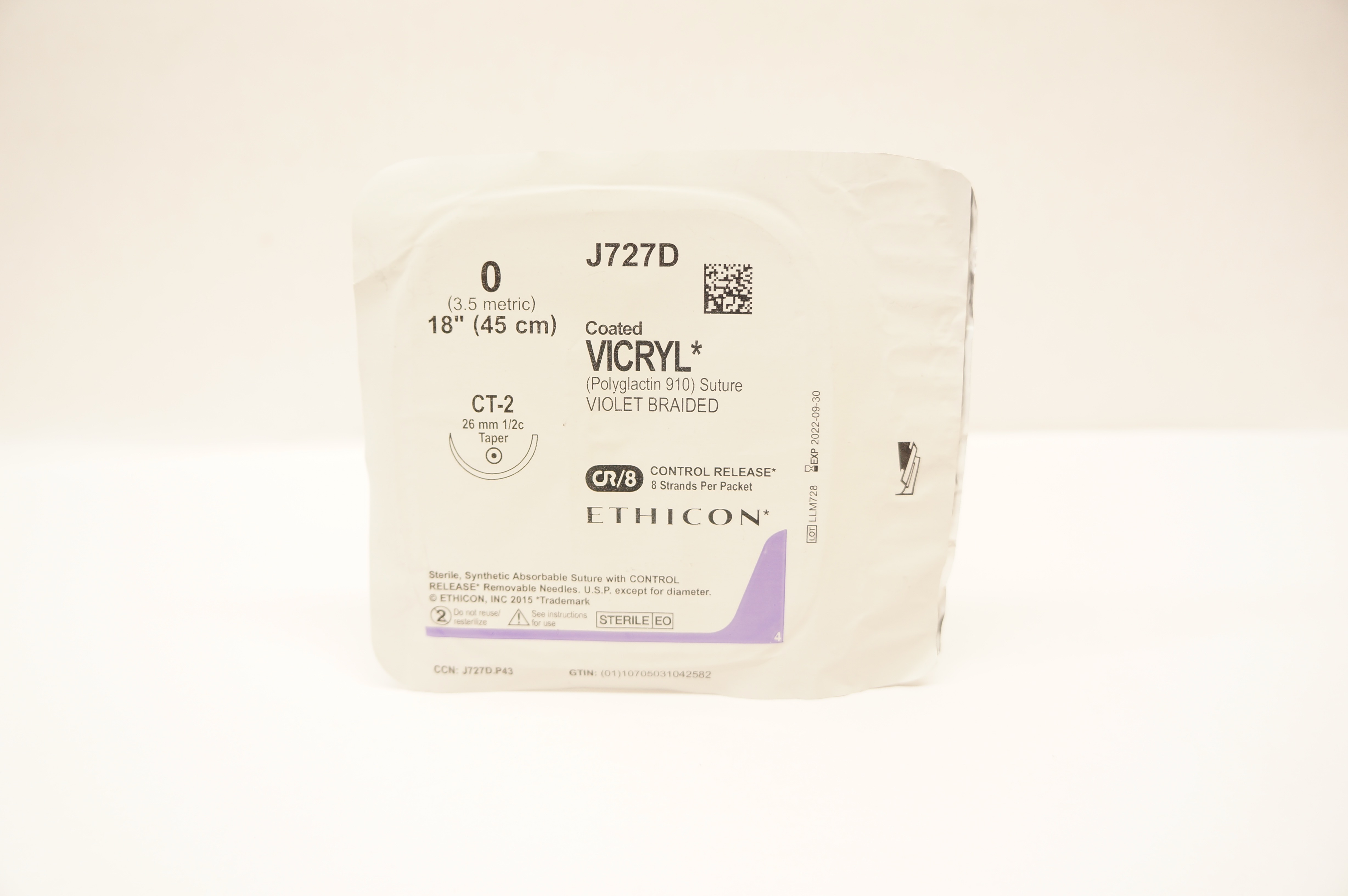 Ethicon J727D 0 Coated VICRYL Polyglactin Stre CT-2 26mm 1/2c Taper 18inch (x)