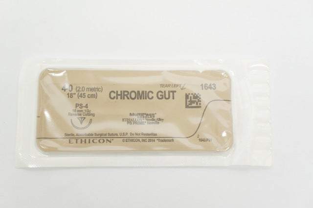 Ethicon 1643 4-0 CHROMIC GUT, PS-4, 16mm 1/2c Reverse Cutting, 18inch
