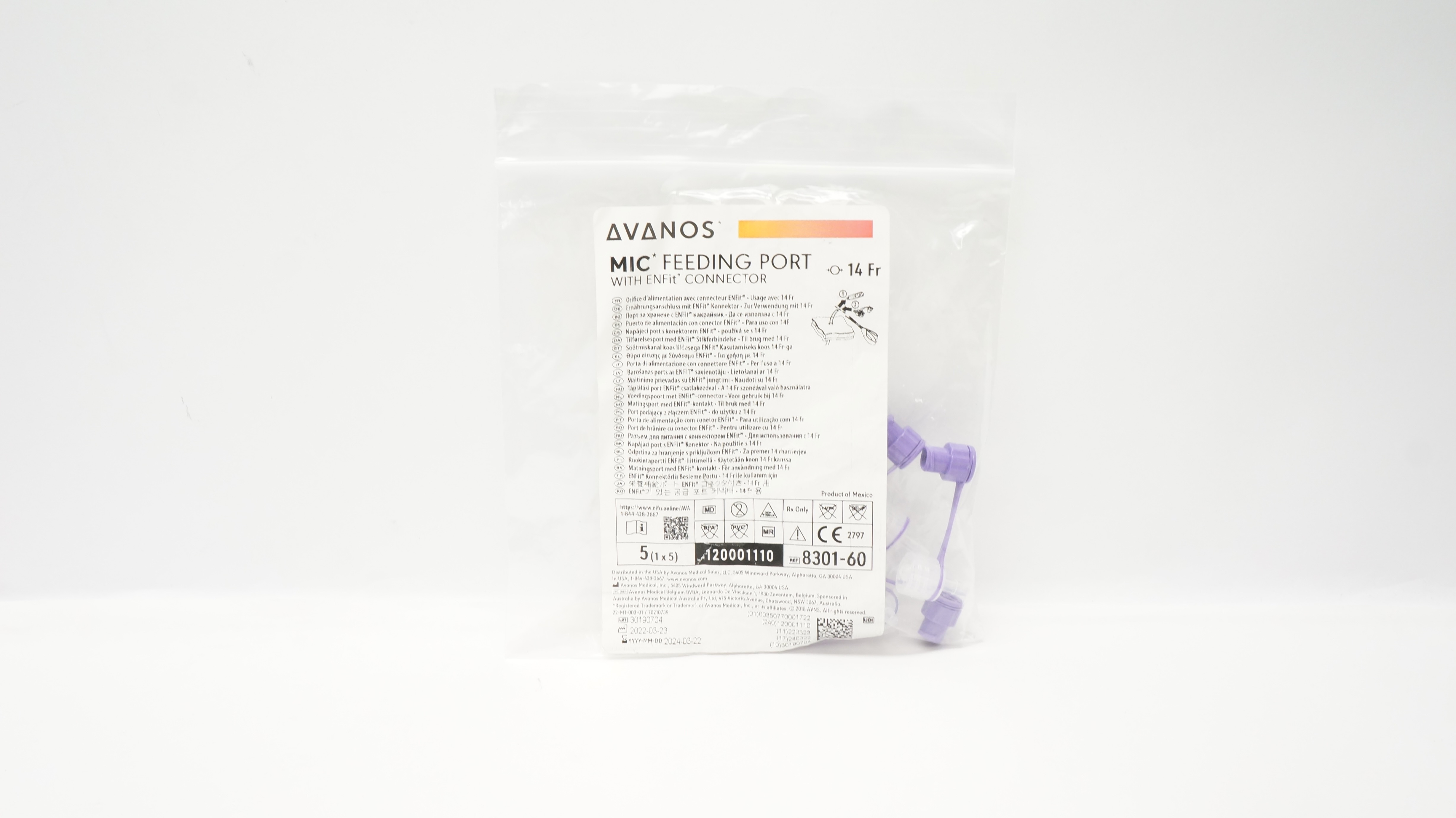 Avanos 8301-60 Mic Feeding Port w/ ENFit Connector 14Fr (x) - Pack of 5