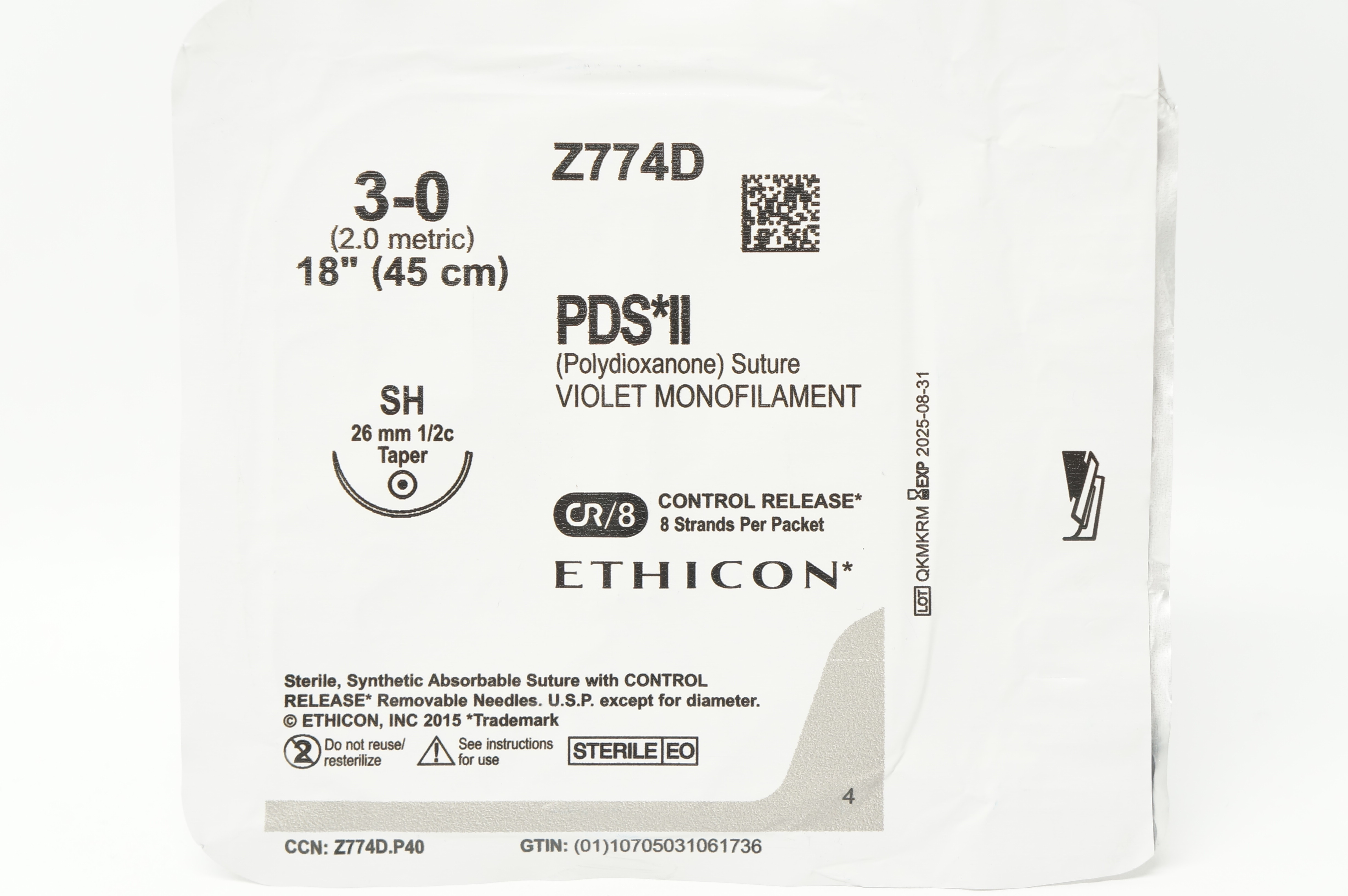 Ethicon Z774D 3-0 PDS II Violet Monofilament SH 26mm 1/2c Taper, 18inch