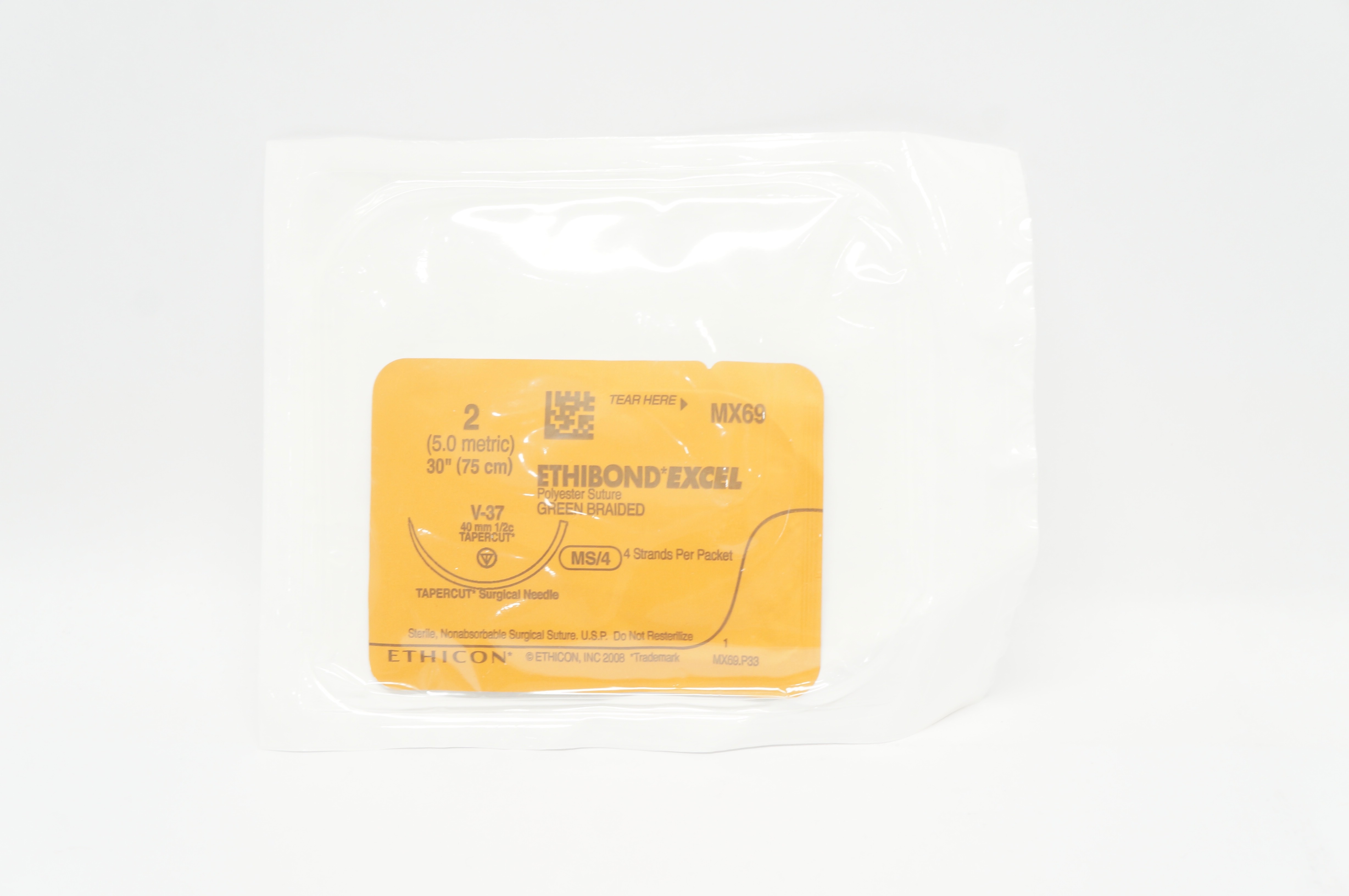 Ethicon MX69 2 Ethibond Excel Polyester Stre V-37 40mm 1/2c Tapercut, 30inch