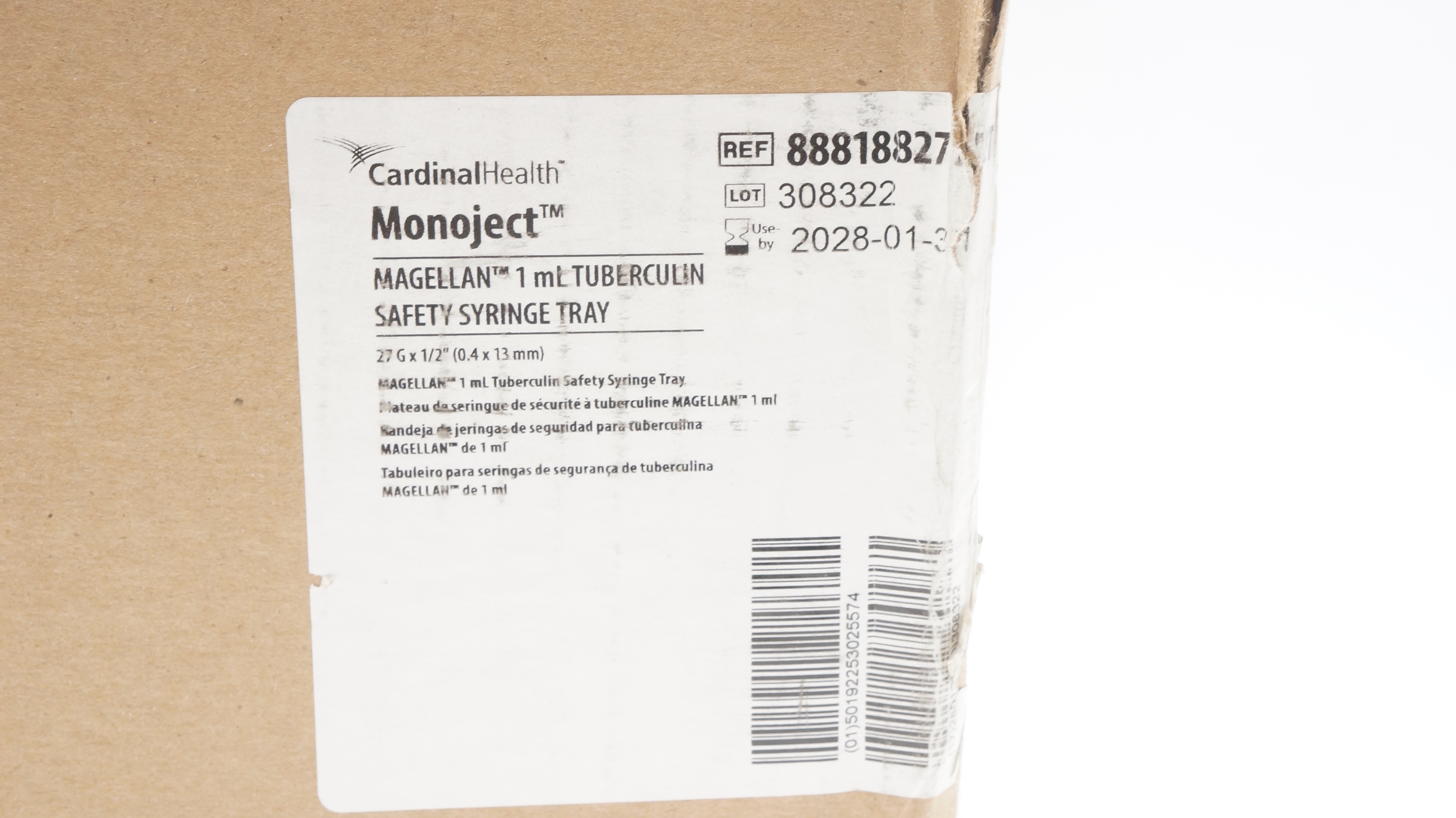 Cardinal Health 8881882712 Magellan 1mL Tuberculin Safety Syringe 27G x 1/2inch