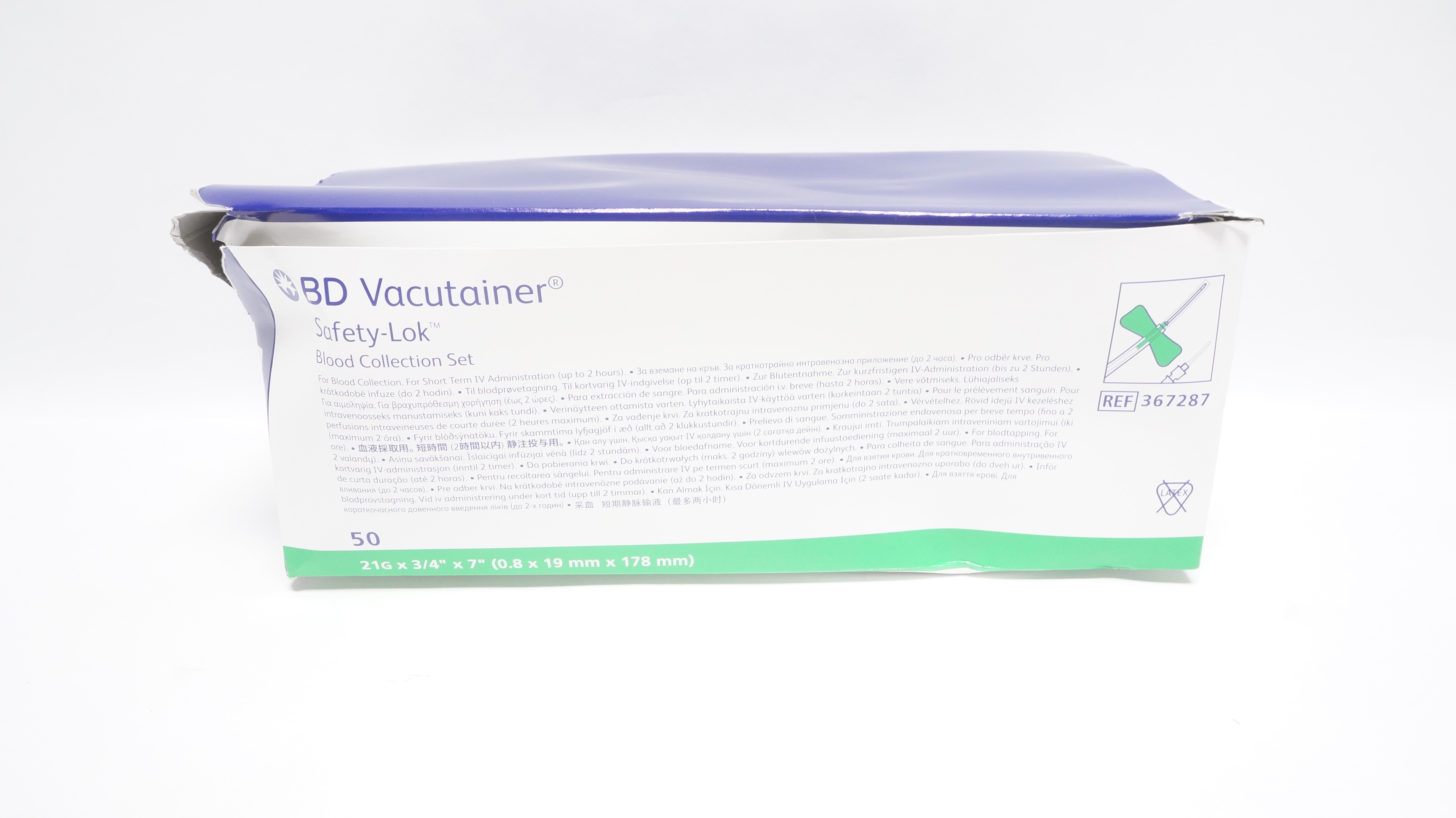 BD 367287 Vacutainer Safety-Lok Blood Collection Set 21G x 3/4in x 7In-Box of 50