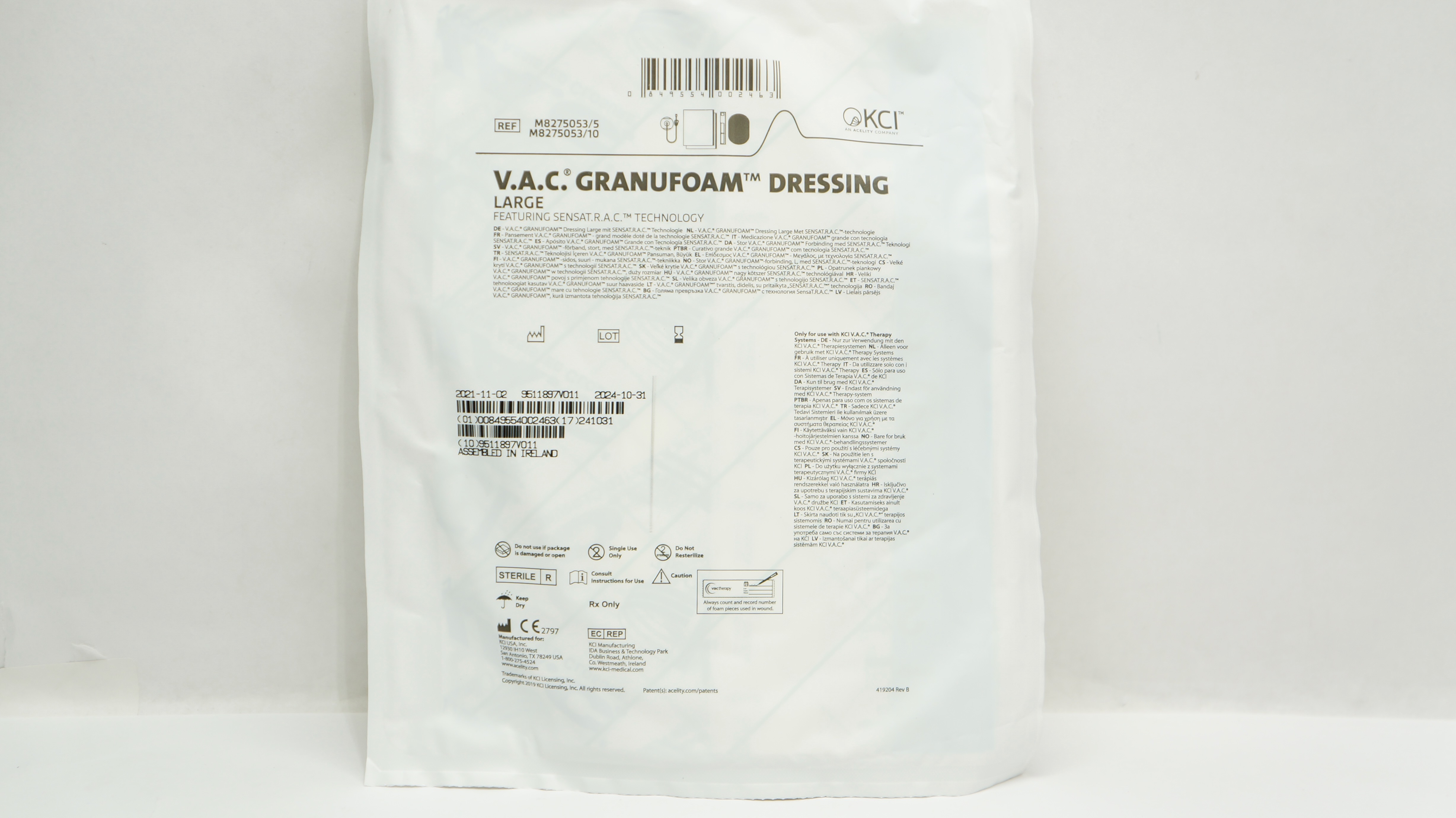 KCI M8275053/5 V.A.C. Granufoam Dressing Featuring SENSAT.R.A.C. TechnologyLarge