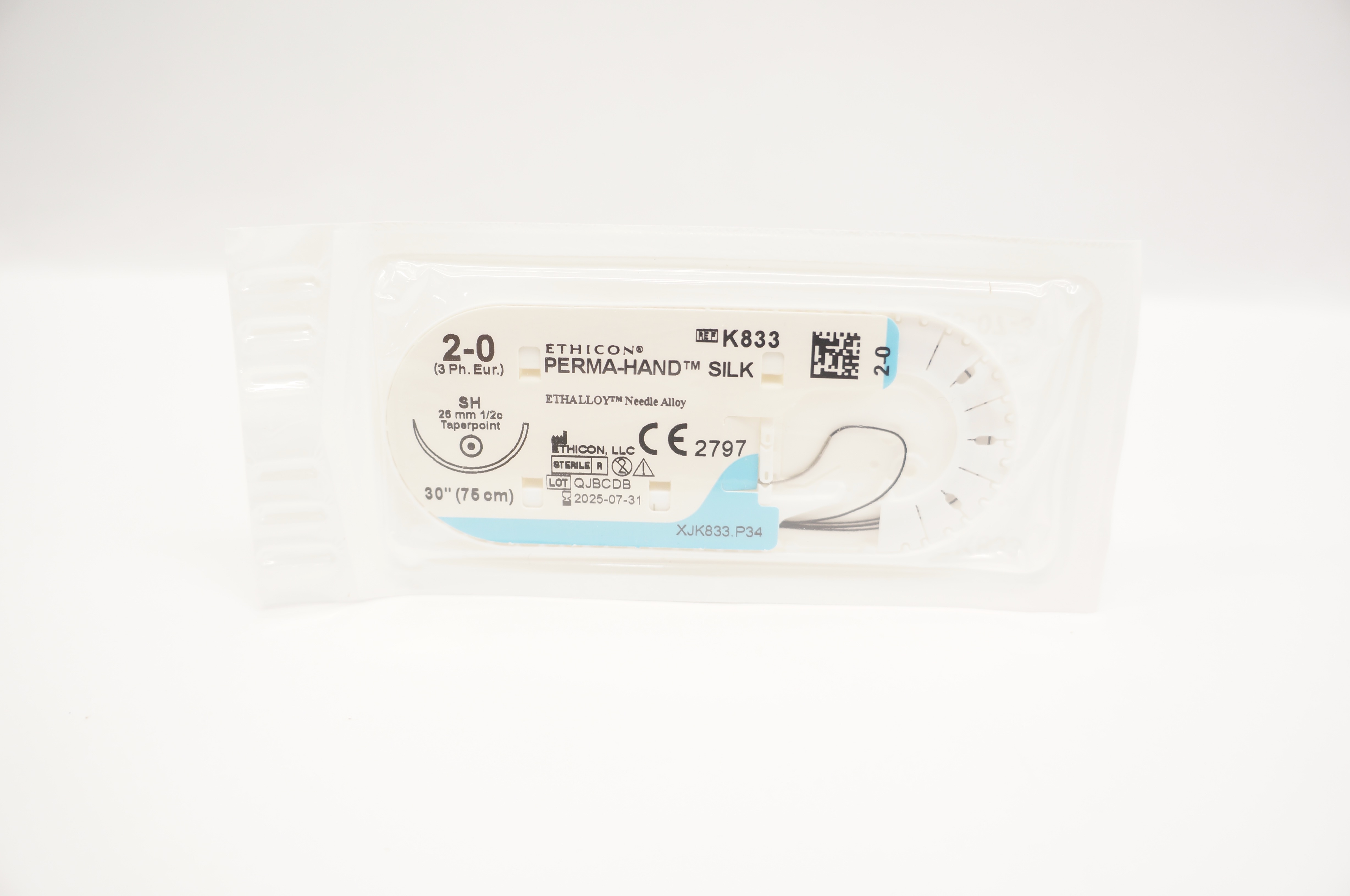 Ethicon K833 2-0 PERMA-HAND SILK Stre SH 26mm 1/2c Taperpoint 30inch