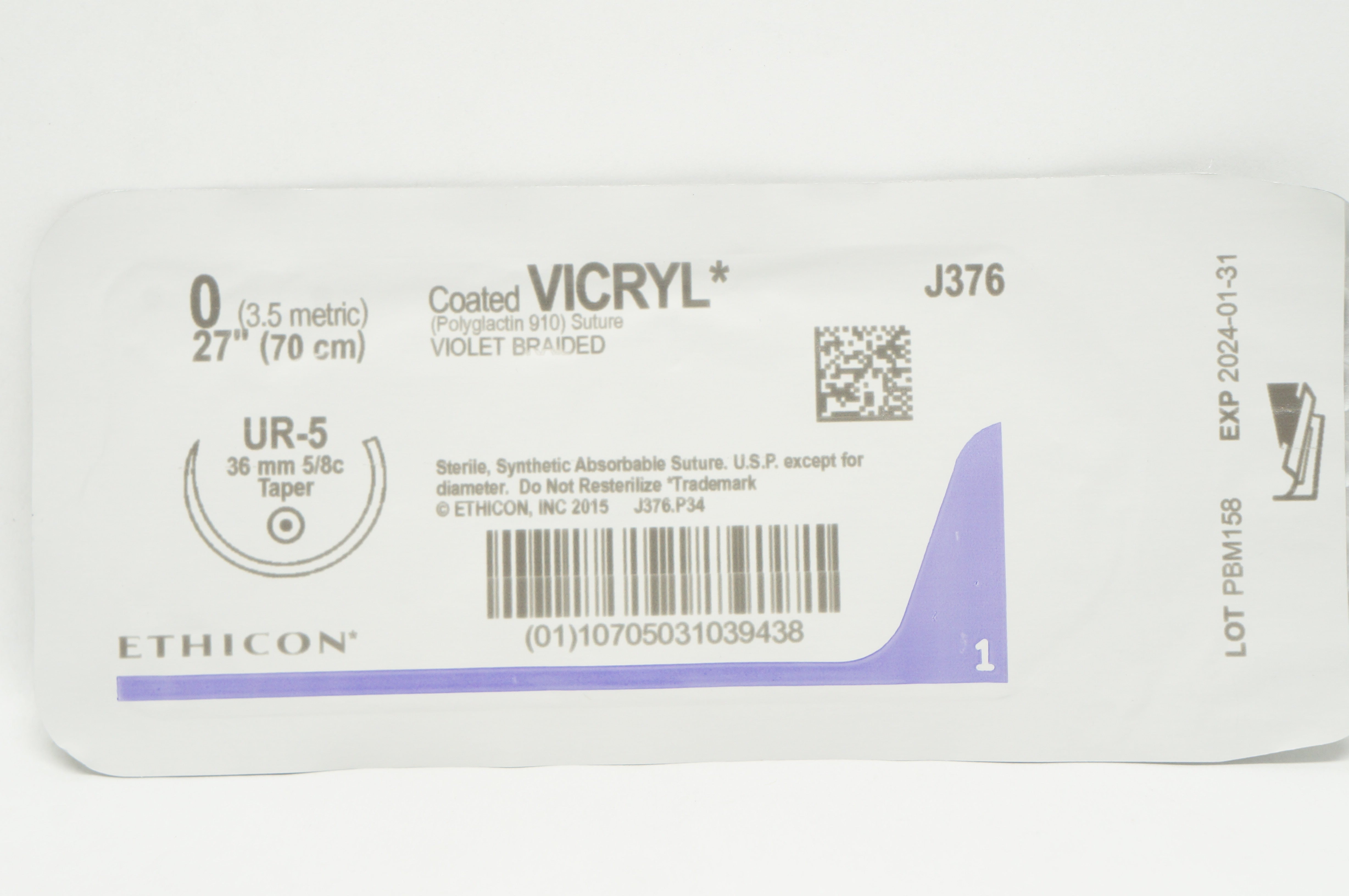 Ethicon J376 0 Coated VICRYL Polyglactin Stre UR-5 36mm 5/8c Taper, 27inch