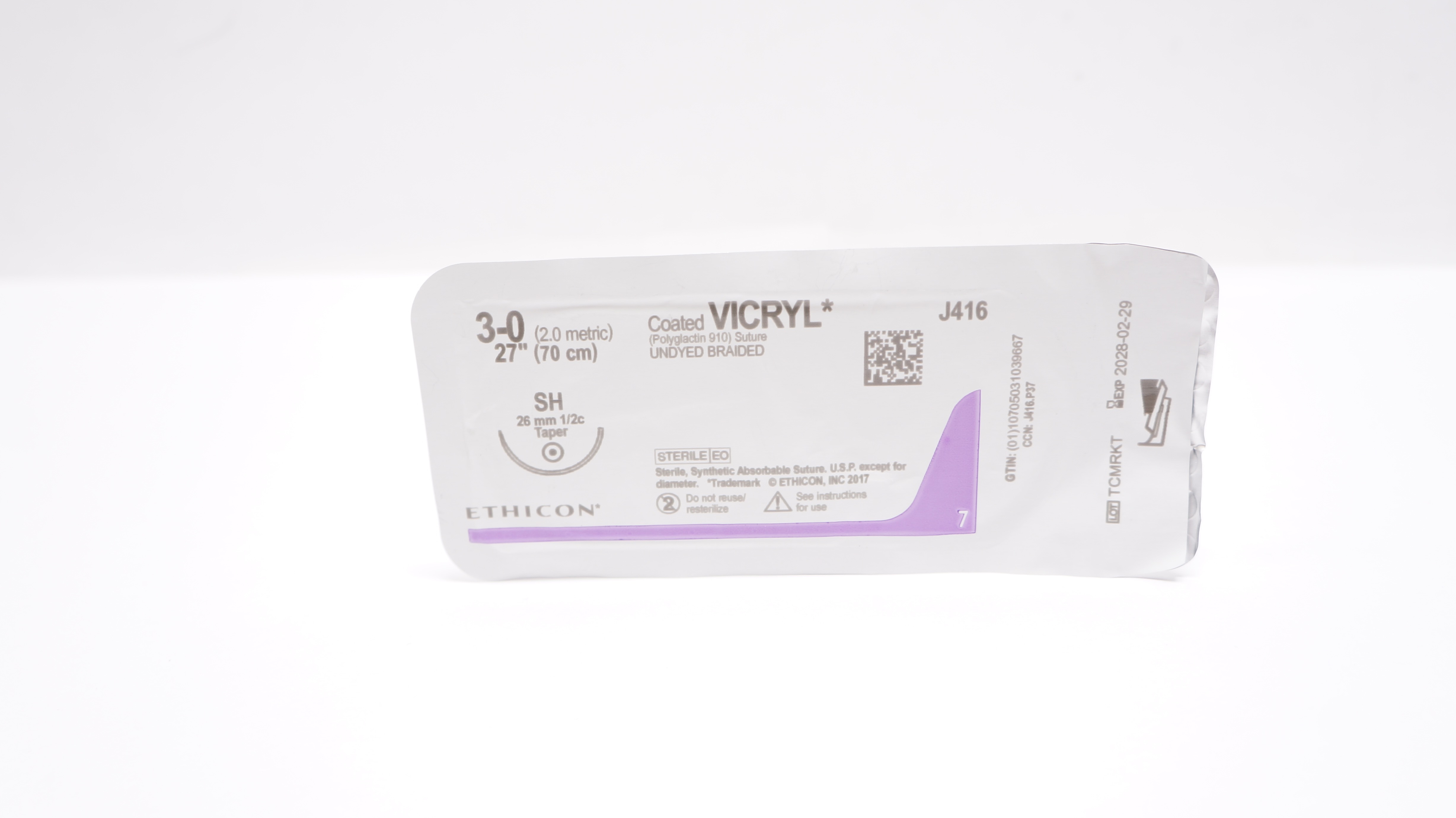 Ethicon J416 3-0 Coated Vicryl Polyglactin 910 Stre SH 26mm 1/2c Taper, 27 inch