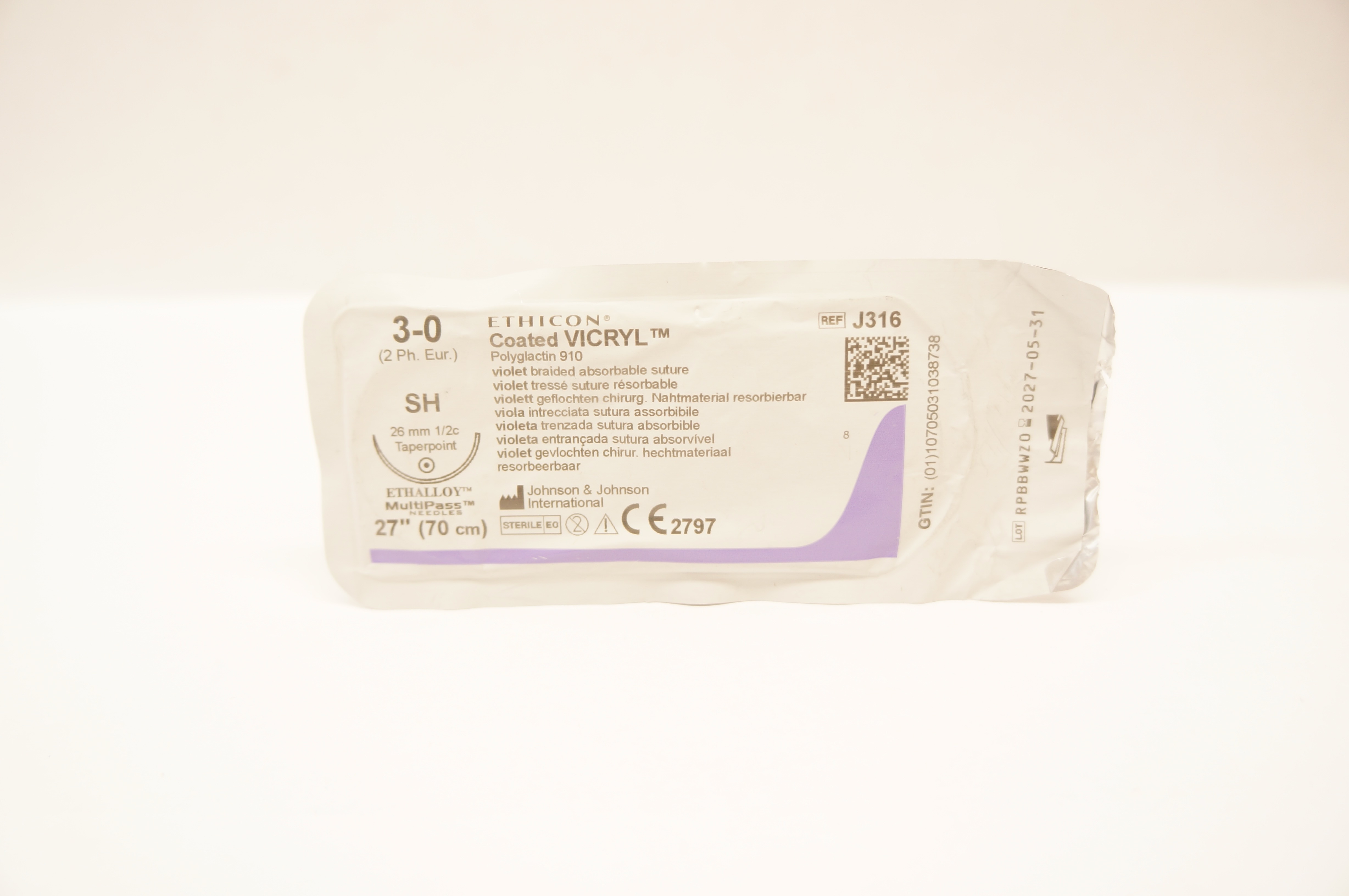 Ethicon J316 3-0 Coated VICRYL Polyglactin Stre SH 26mm 1/2c Taperpoint 27inch