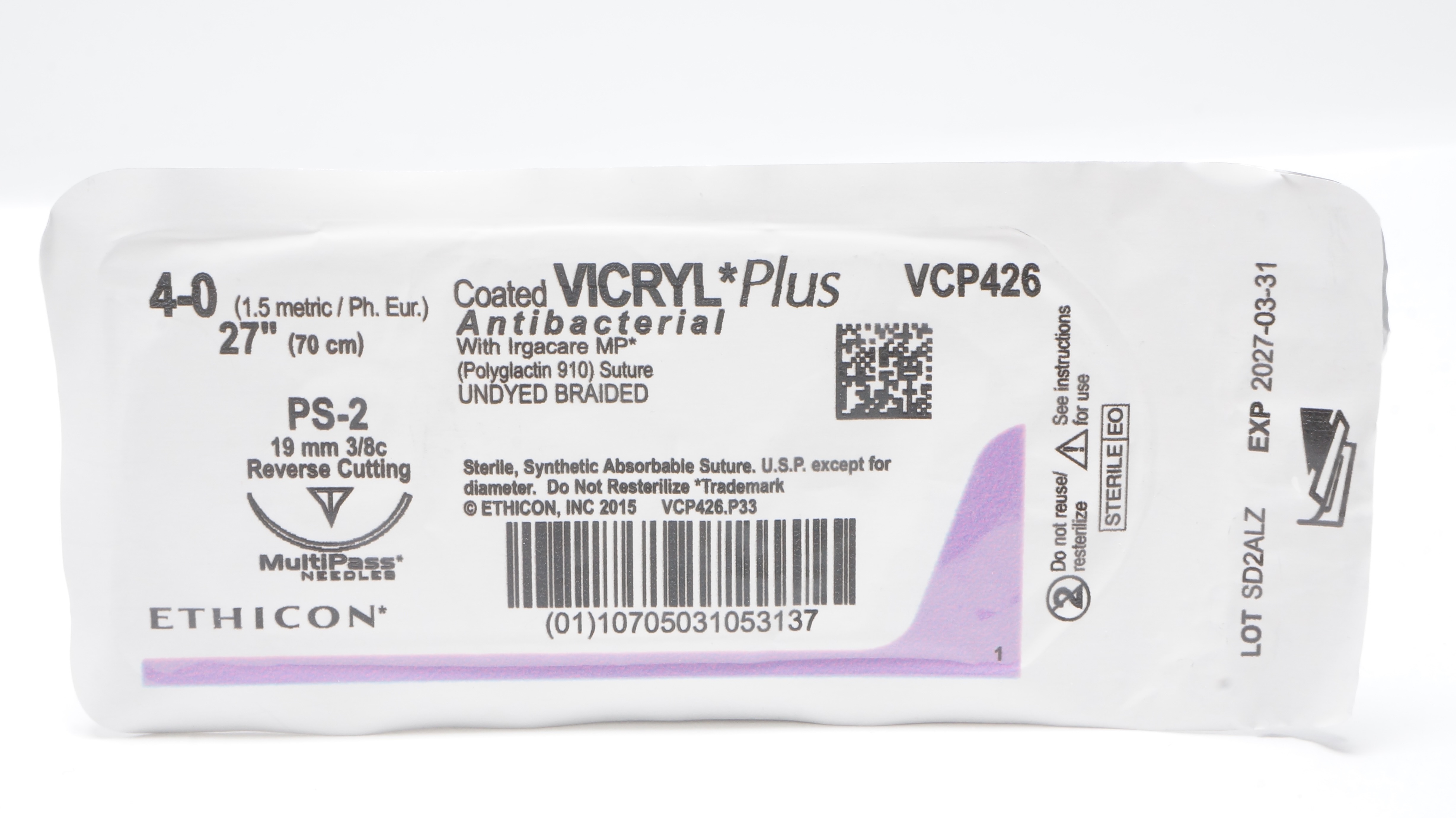 Ethicon VCP426 4-0 Vicryl Plus Stre PS-2 19mm 3/8c Reverse Cutting, 27inch