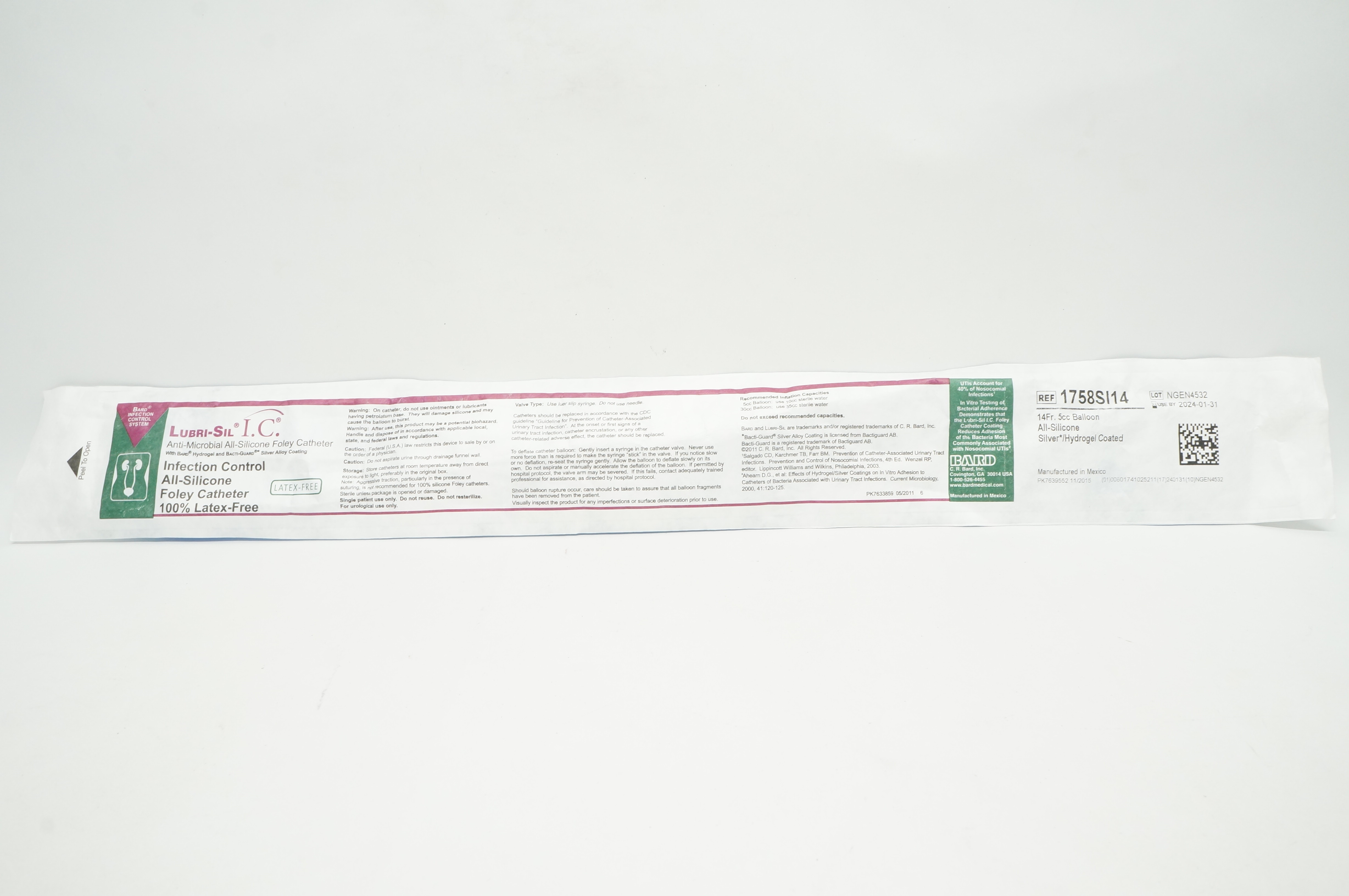 Bard 1758SI14 Lubri-Sil I.C. Anti-Microbial All-Silicone Foley Cath. 14Fr