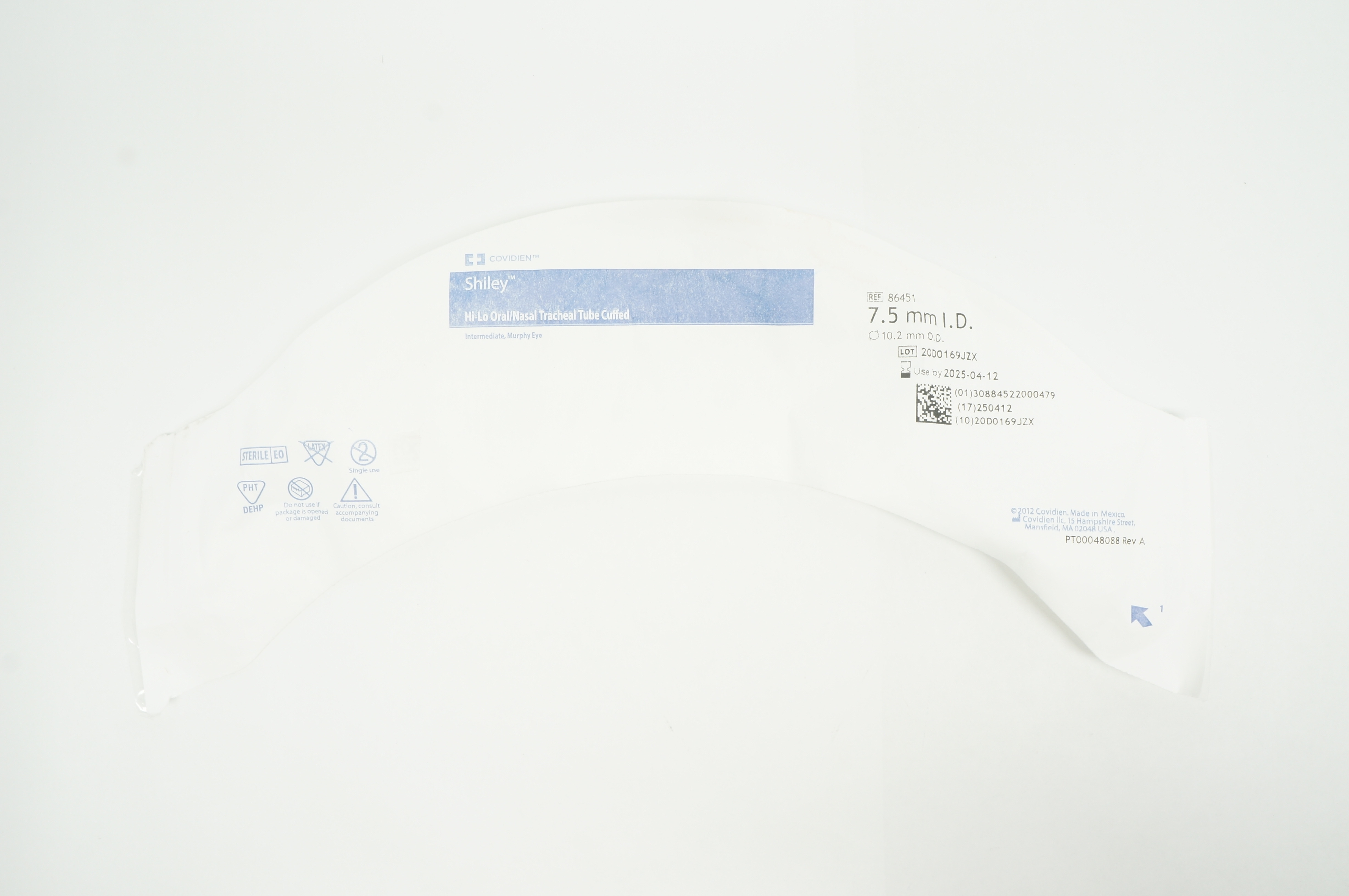 Covidien 86451 Shiley Hi-Lo Oral/Nasal Tracheal Tube Cuffed 7.5mm x 10.2mm