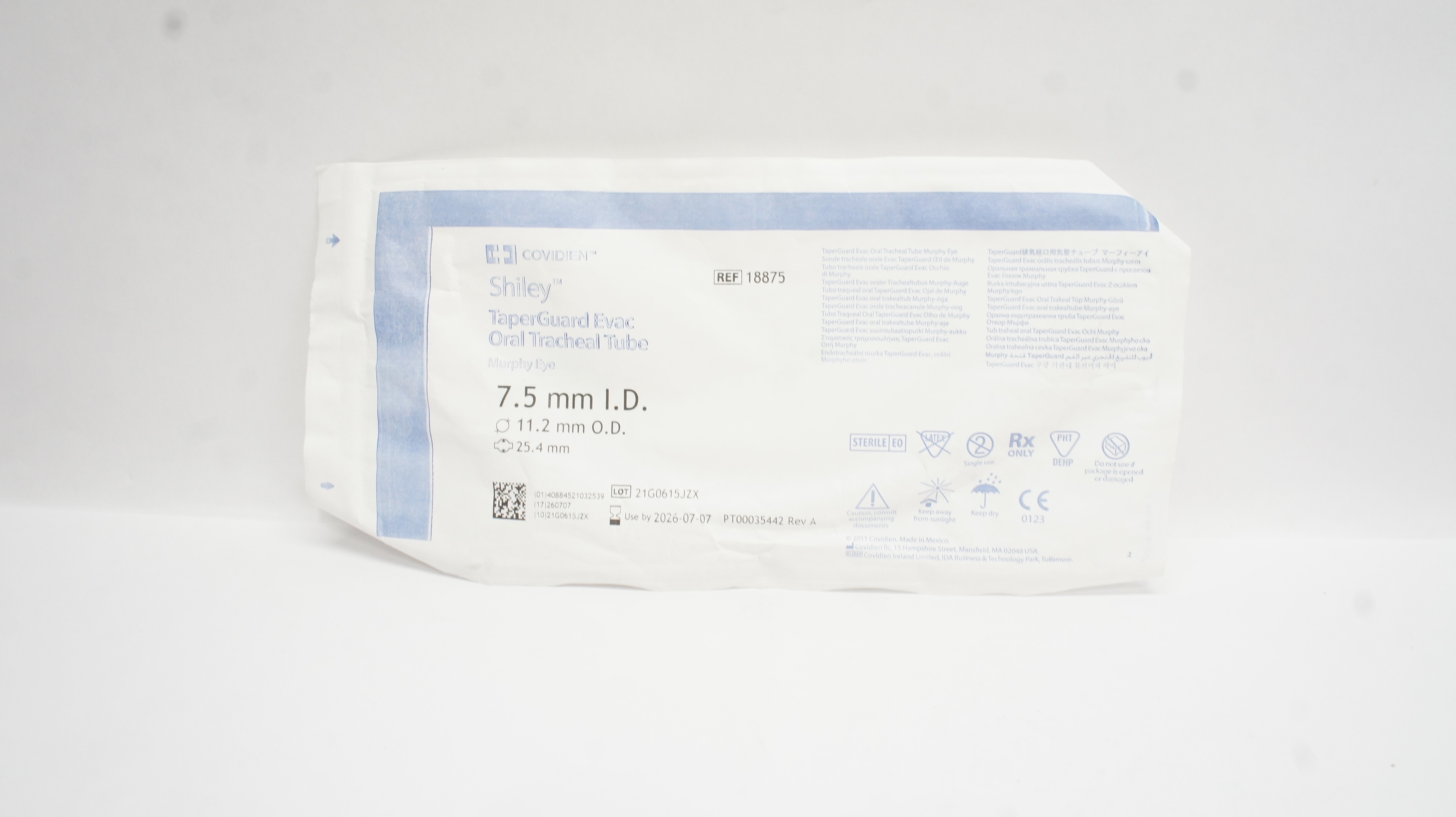 Covidien 18875 Shiley TaperGuard Evac Oral Tracheal Tube 7.5ID x 11.2OD x 25.4mm