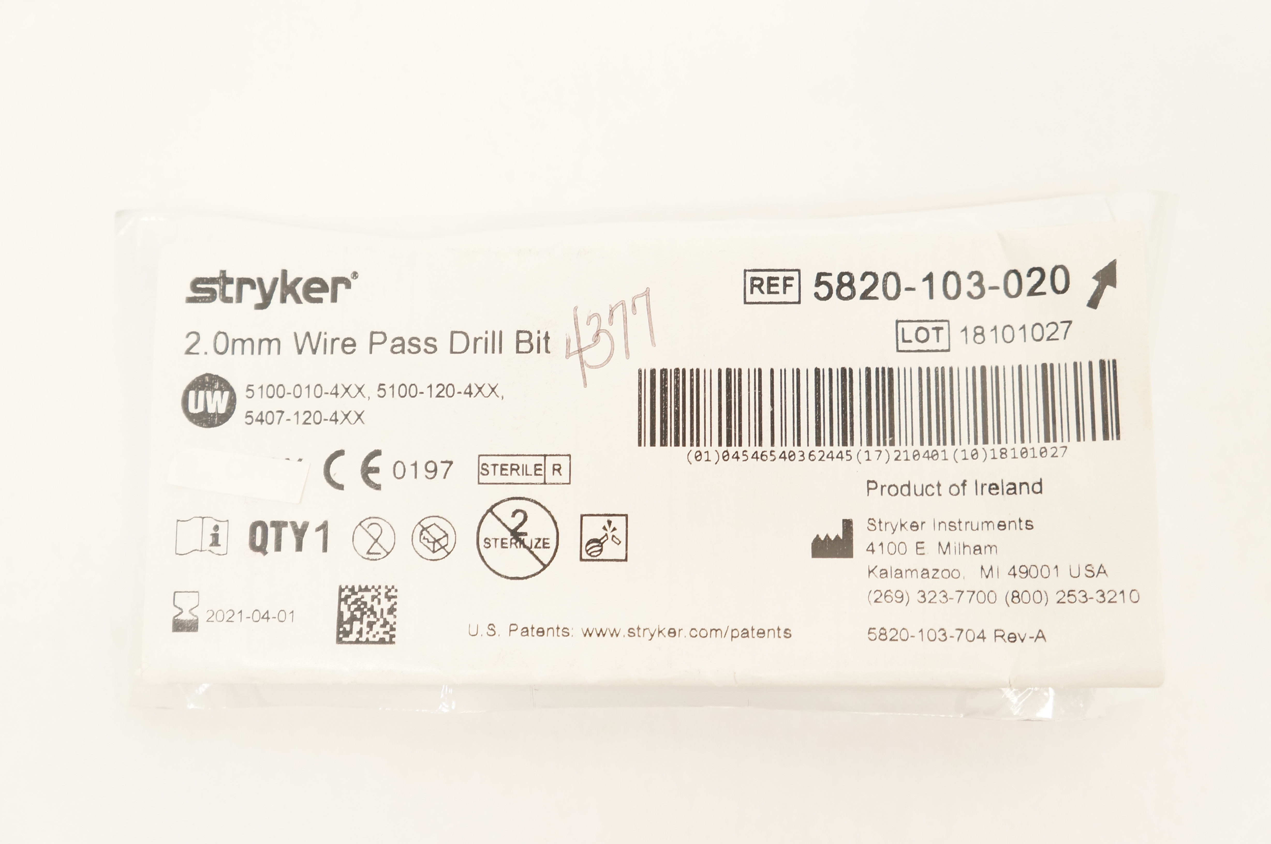 Stryker 5820-103-020 2.0mm Wire Pass Drill Bit (x)
