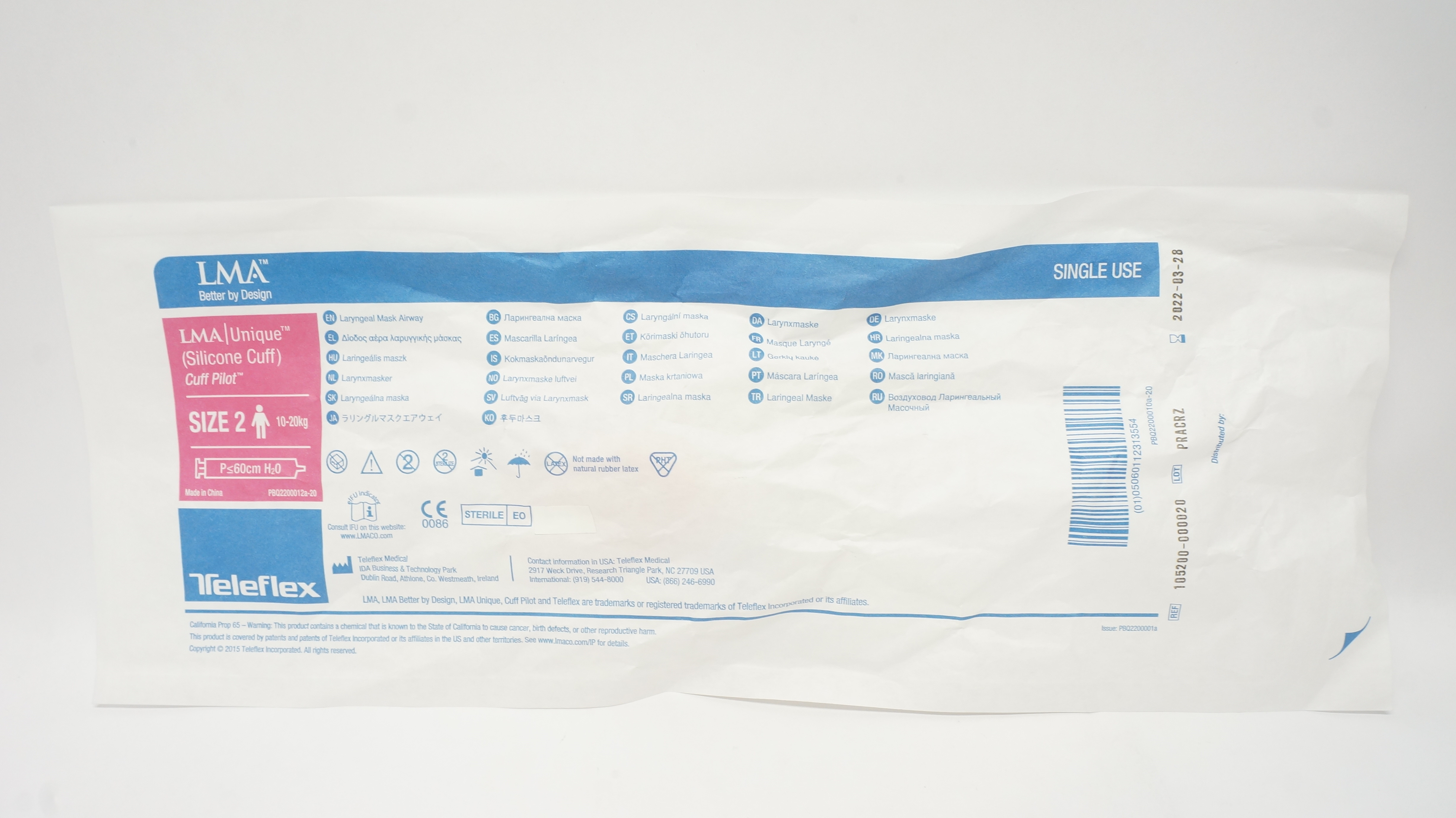 Teleflex 105200-000020 LMA Unique Laryngeal Mask Airway Size 2  P≤60cm H2O (x)