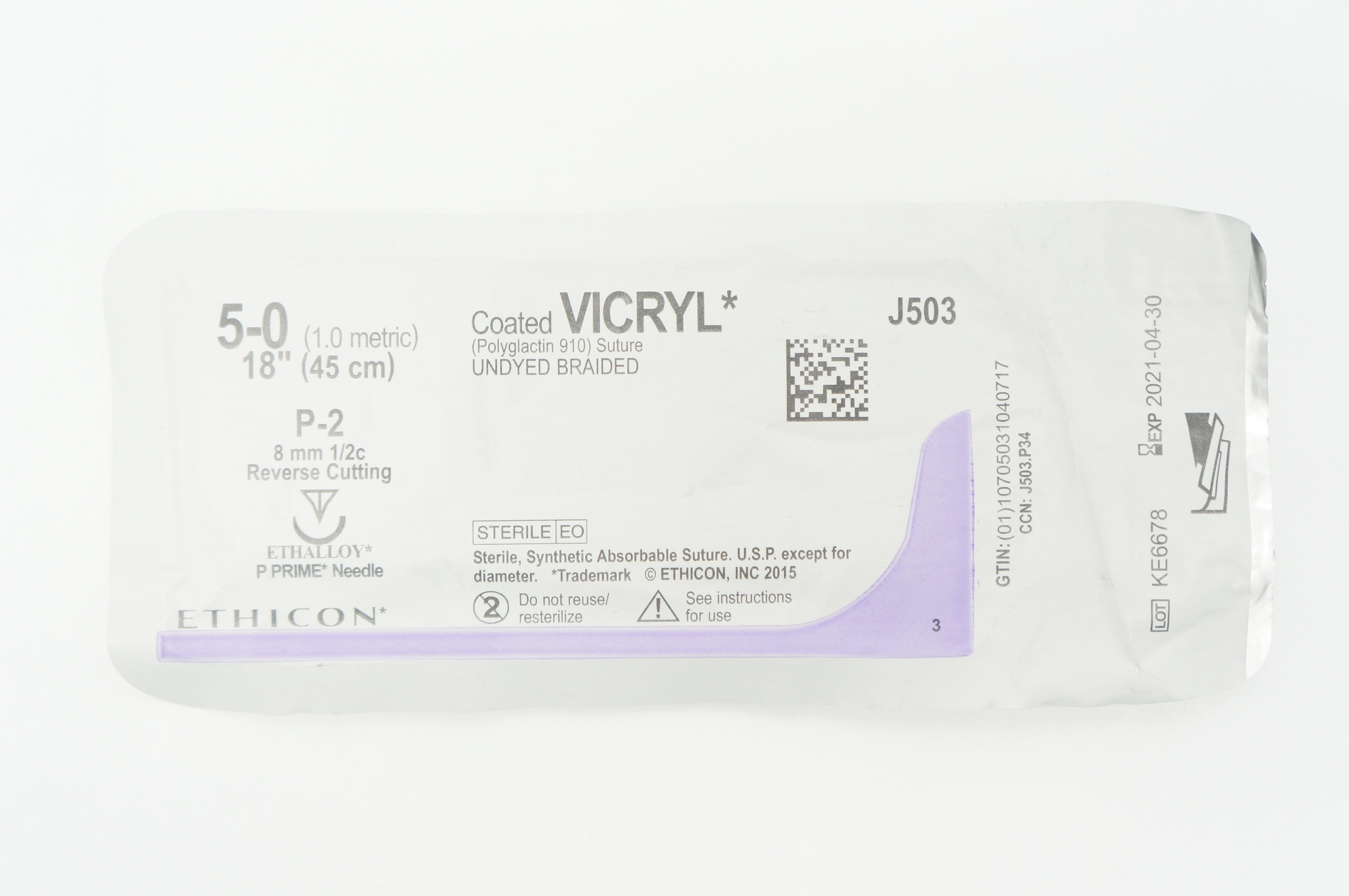 Ethicon J503 5-0 VICRYL P-2 8mm 1/2c Reverse Cutting 18inch