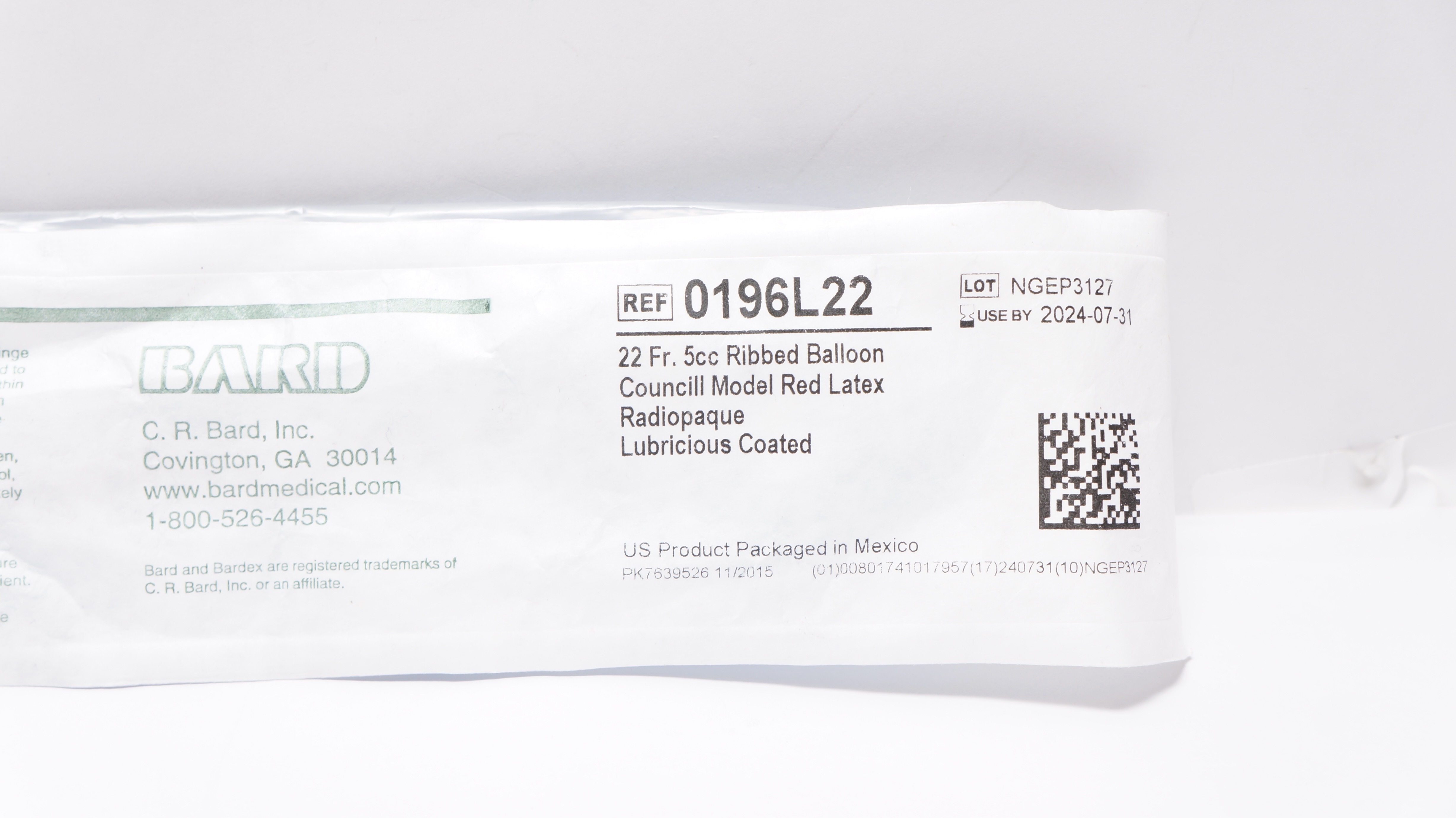 Bard 0196L22 Bardex Foley Cath. 22Fr. 5cc Ribbed Balloon