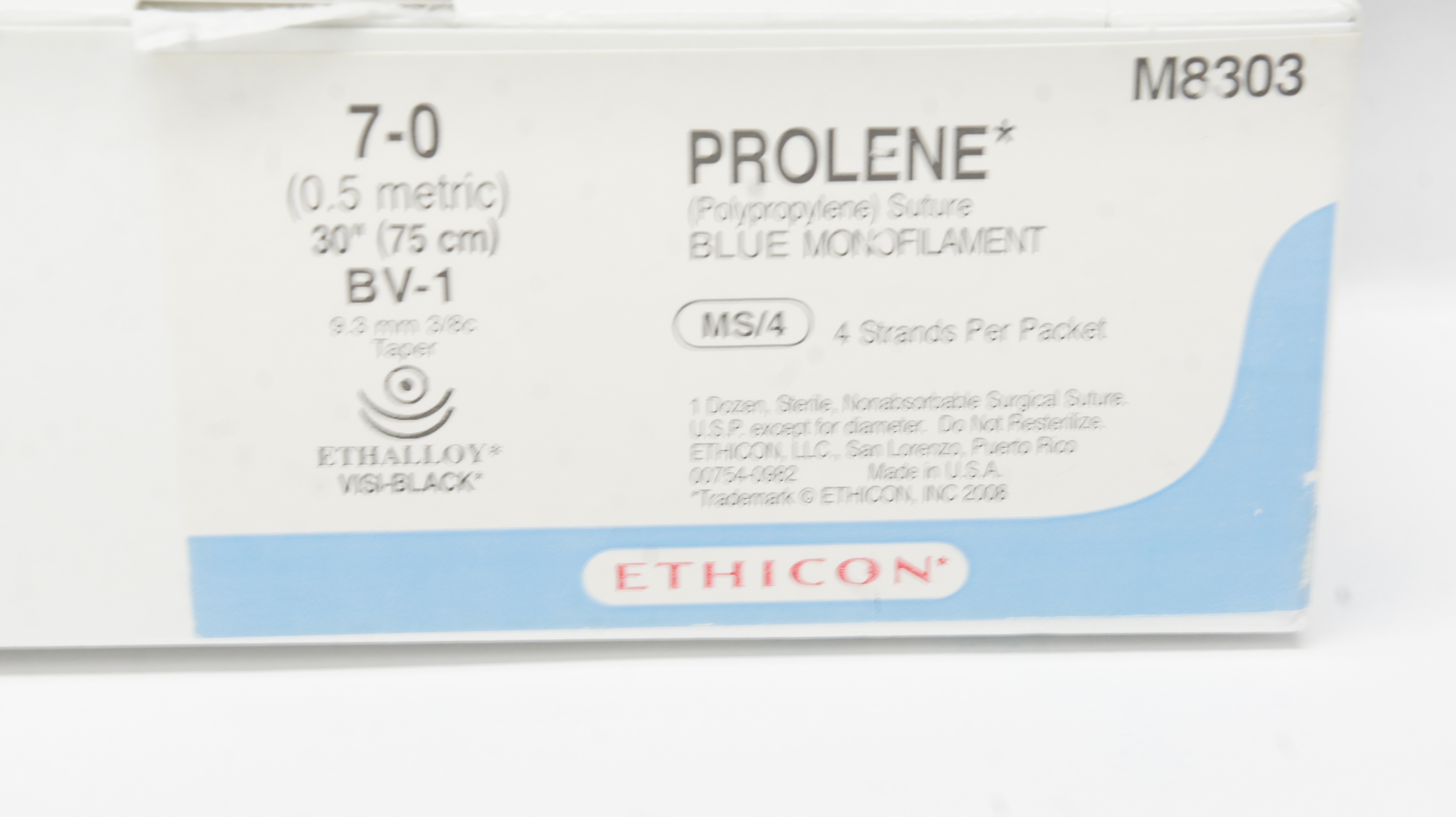 Ethicon M8303 7-0 Prolene Stre BV-1 9.3mm 3/8c Taper, 30inch (x) - Box of 12